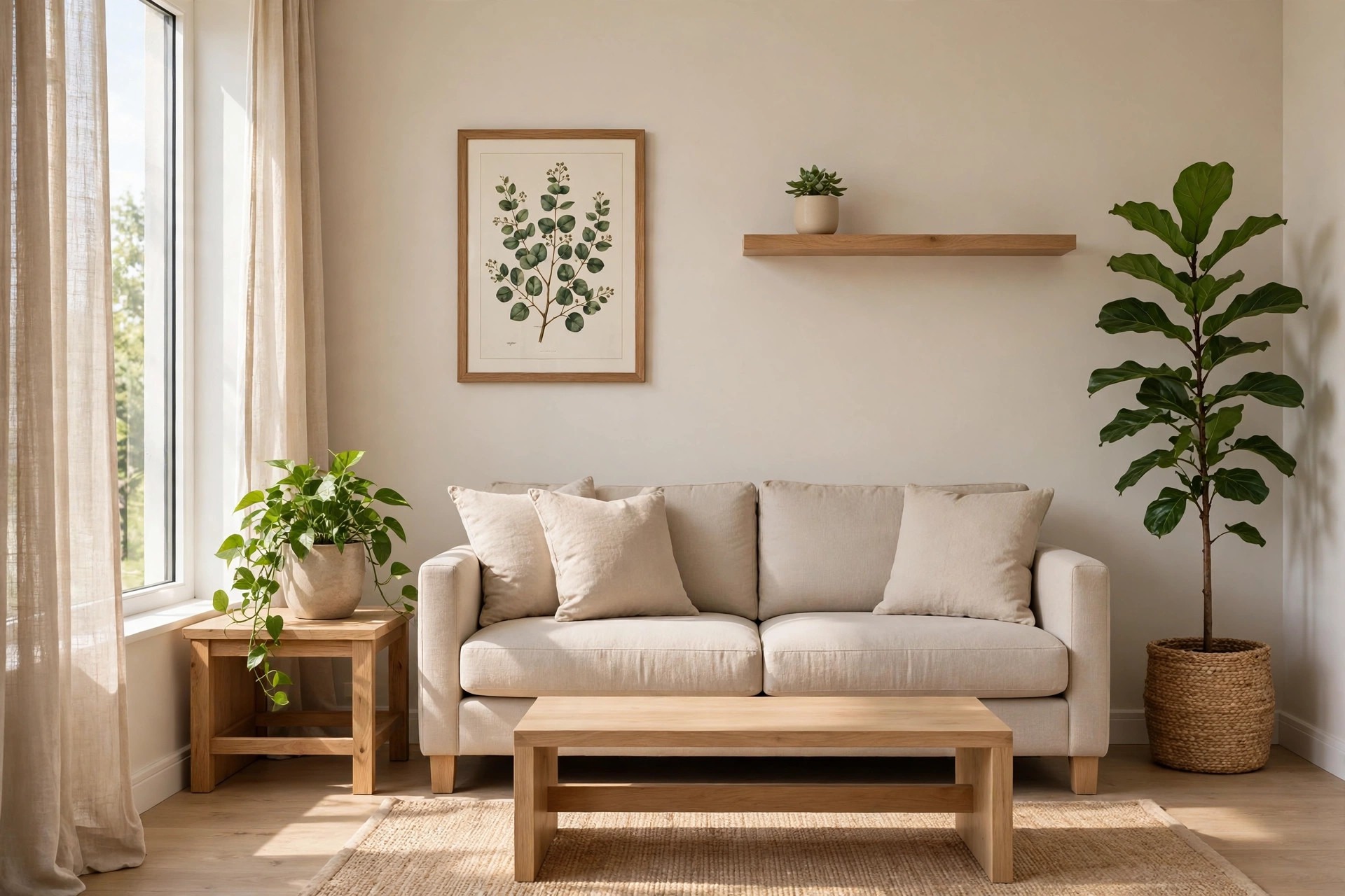 Beige sofa with a tall floor plant, a plant on a side table and a small plant on a wall shelf, under a framed leaf print