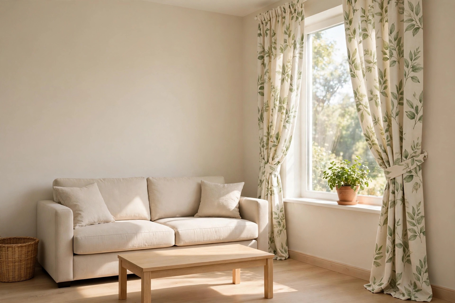 Beige sofa beside a bright window with cream curtains printed with green leaves and a small potted plant on the windowsill