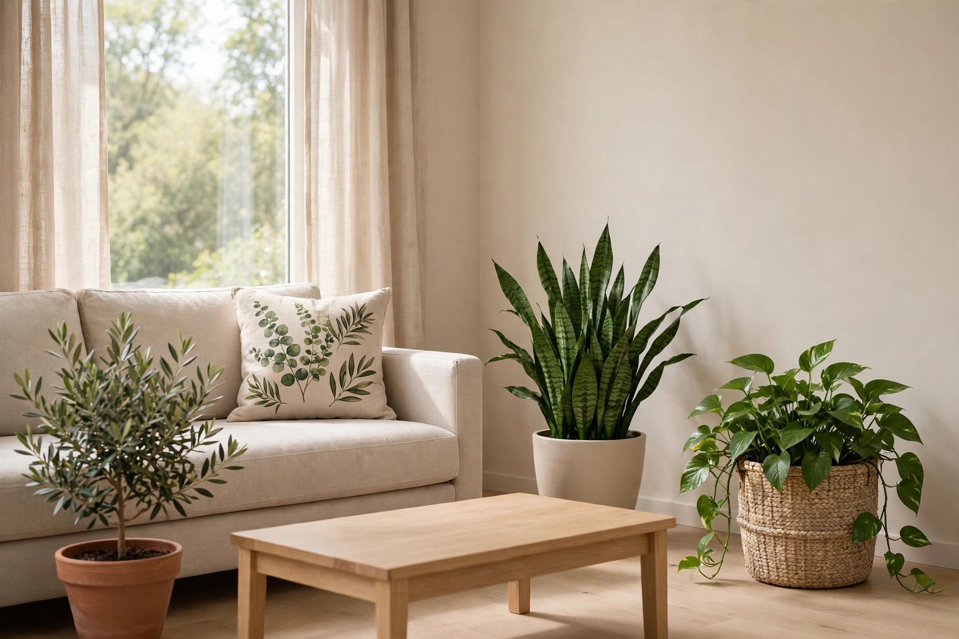 Beige sofa with a botanical print cushion beside plants in a clay pot, a smooth beige pot and a woven basket pot