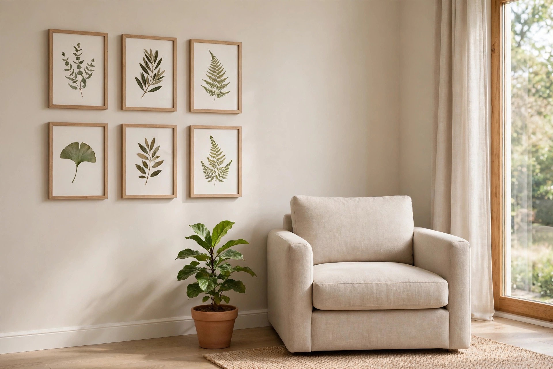 Gallery wall of six small framed leaf prints in matching wood frames beside a beige armchair and a potted plant