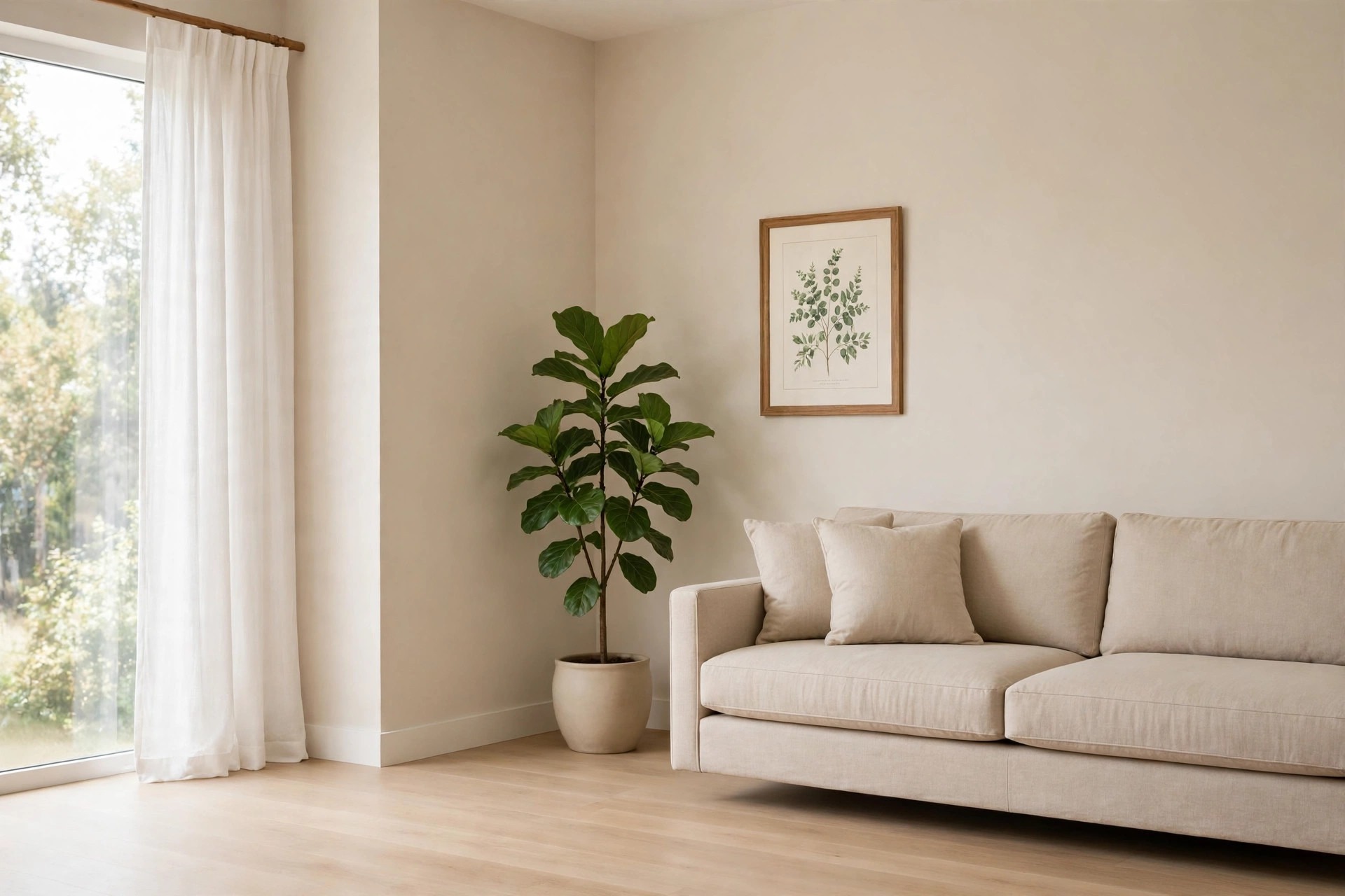 Tall green plant in a round beige pot in a corner beside a beige sofa with a framed leaf print on the wall