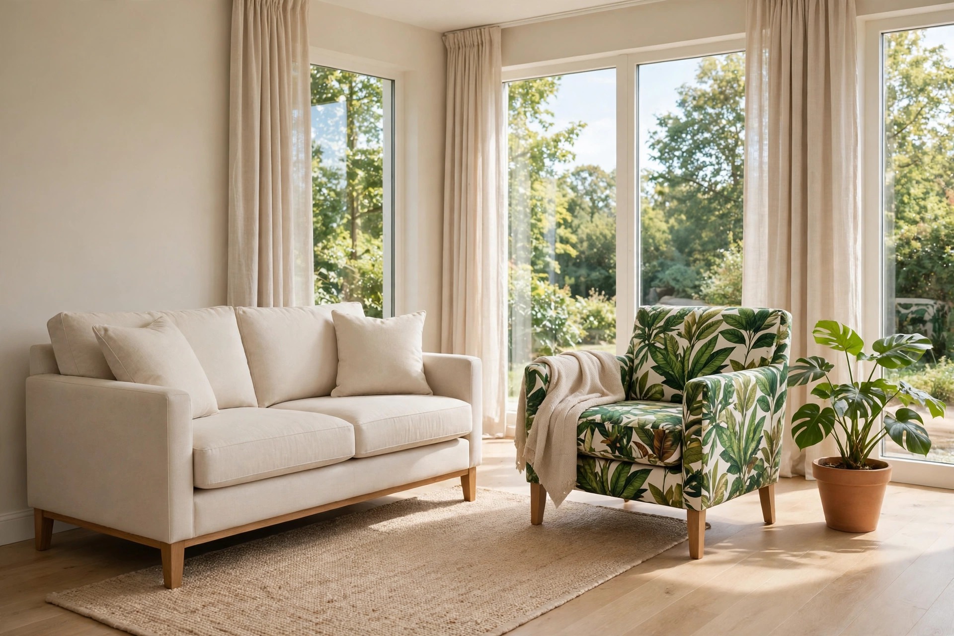 Plain beige sofa beside an accent chair covered in a bold green botanical leaf print with a beige throw over one arm