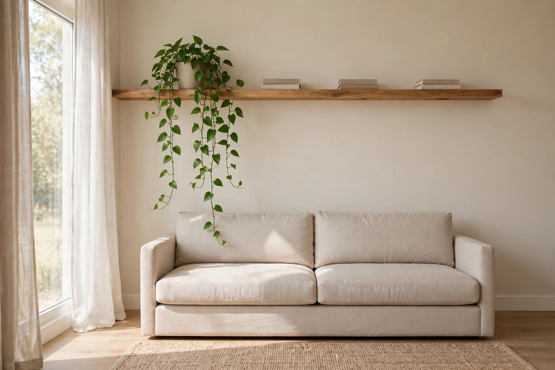 Trailing green plant hanging from a high wooden shelf above a beige sofa, with books spaced along the shelf