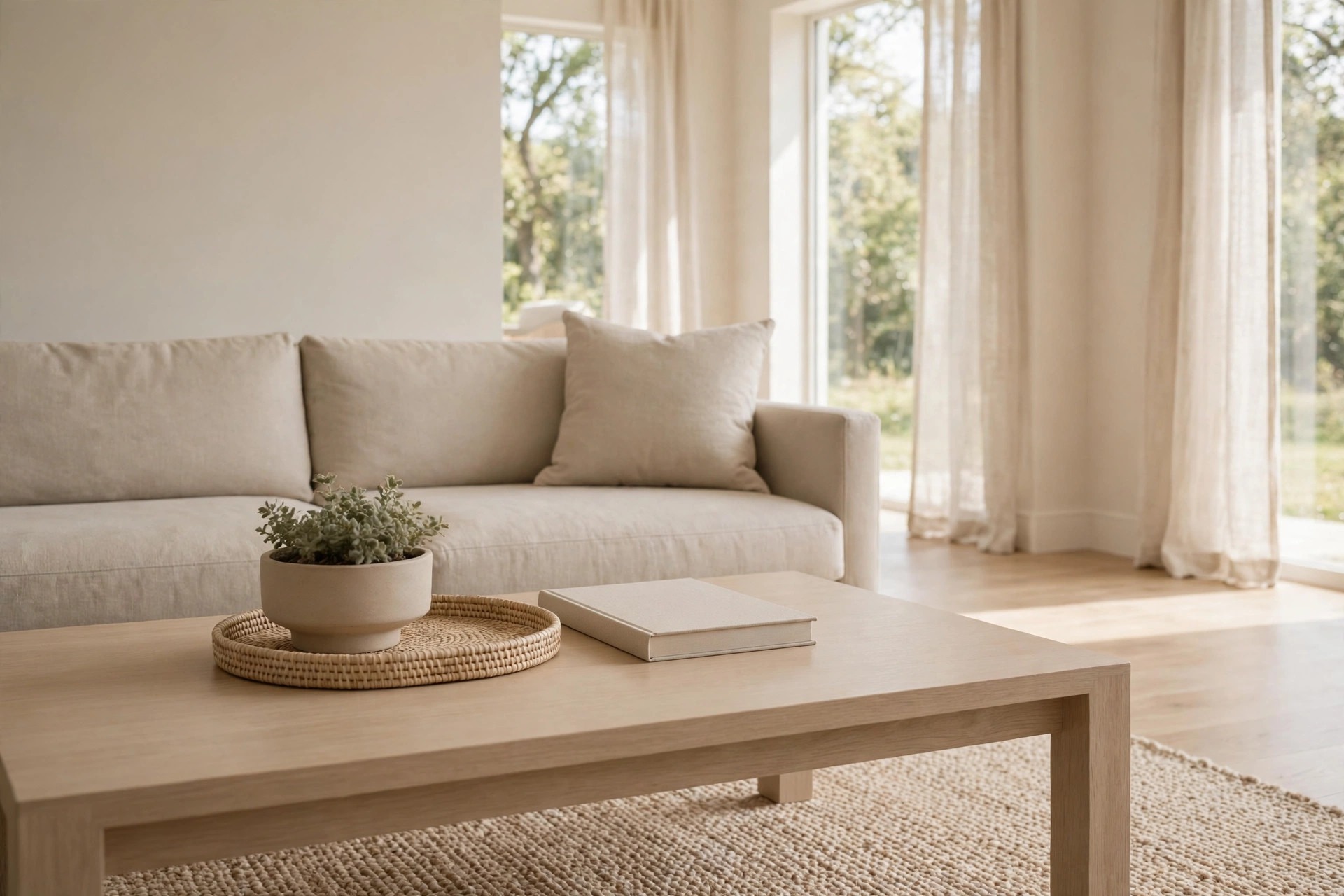 Low green plant in a wide beige pot on a tray on a wooden coffee table in front of a beige sofa, with half the table clear