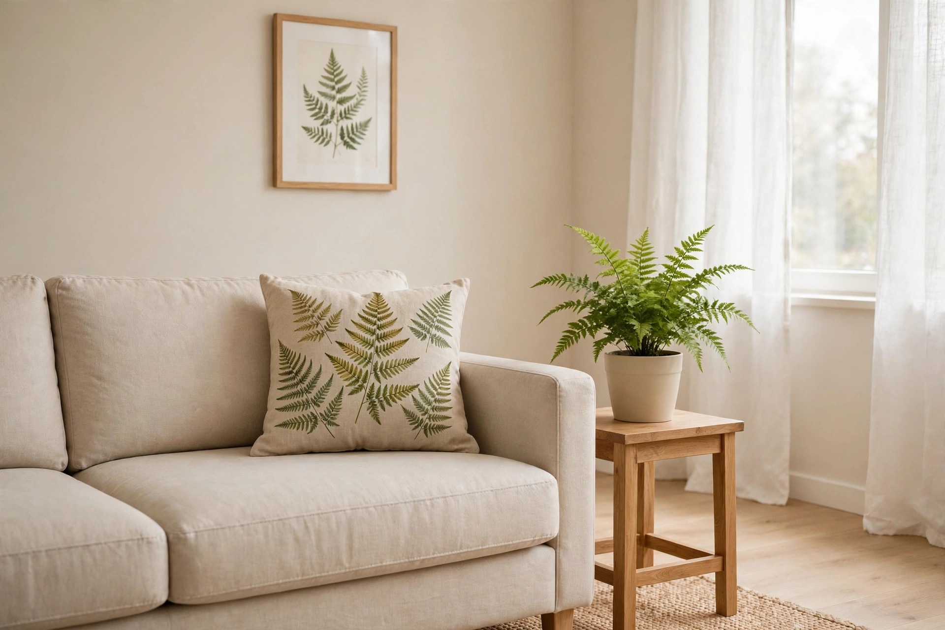 Fern print cushion on a beige sofa beside a real fern in a beige pot on a wooden side table, in matching greens