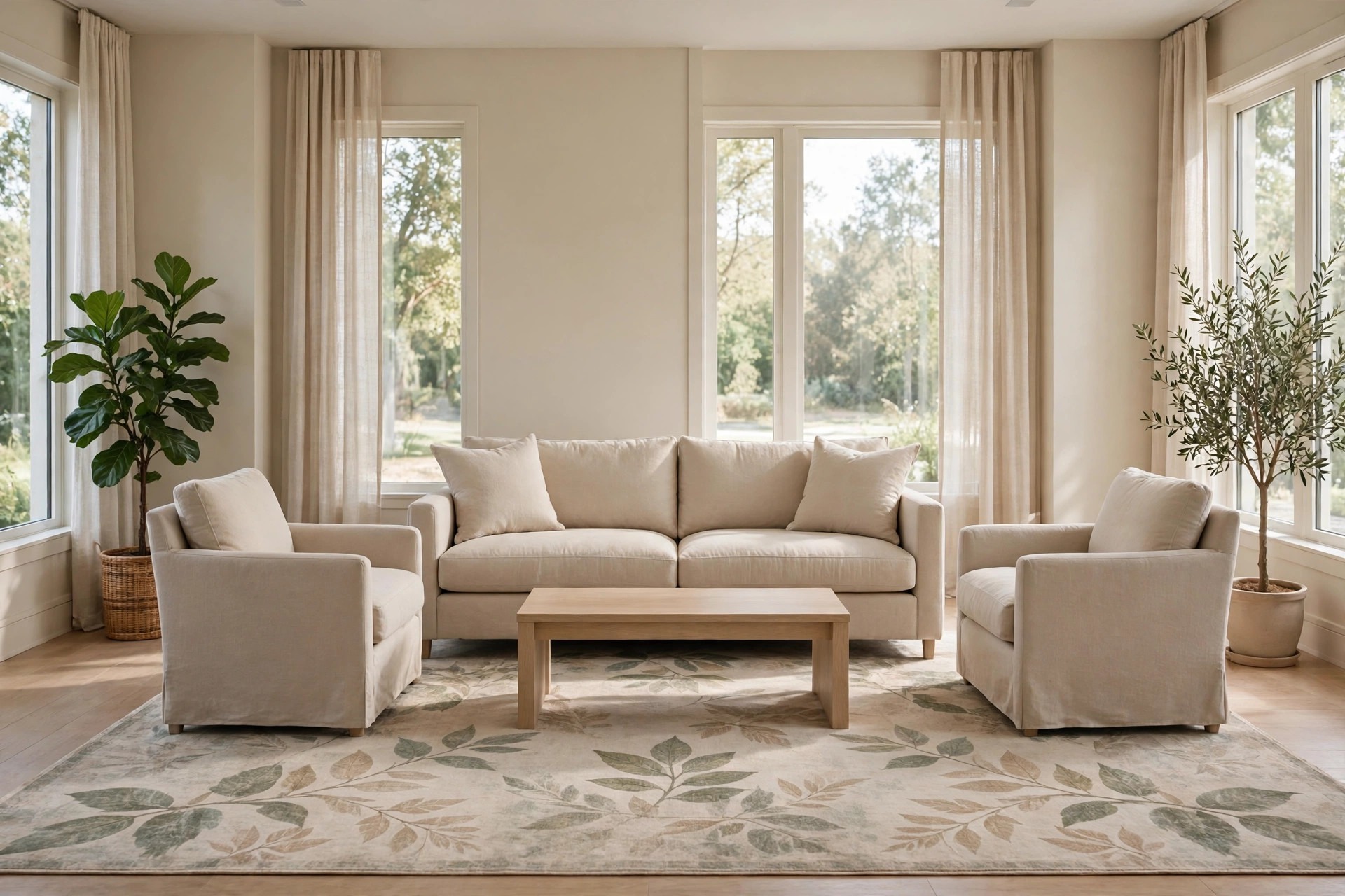 Beige sofa and two beige chairs on a large faded botanical leaf print rug, with tall plants at both sides