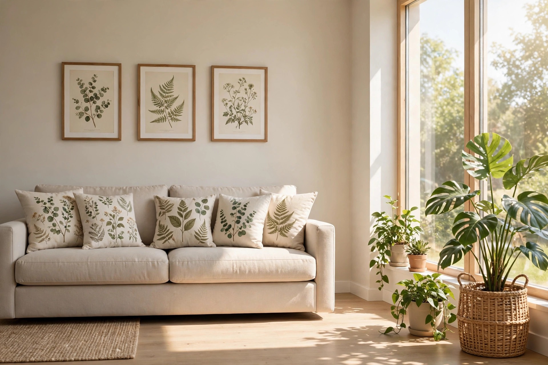 Real green plants grouped by a sunny window beside a beige sofa with botanical print cushions and framed leaf prints on the wall