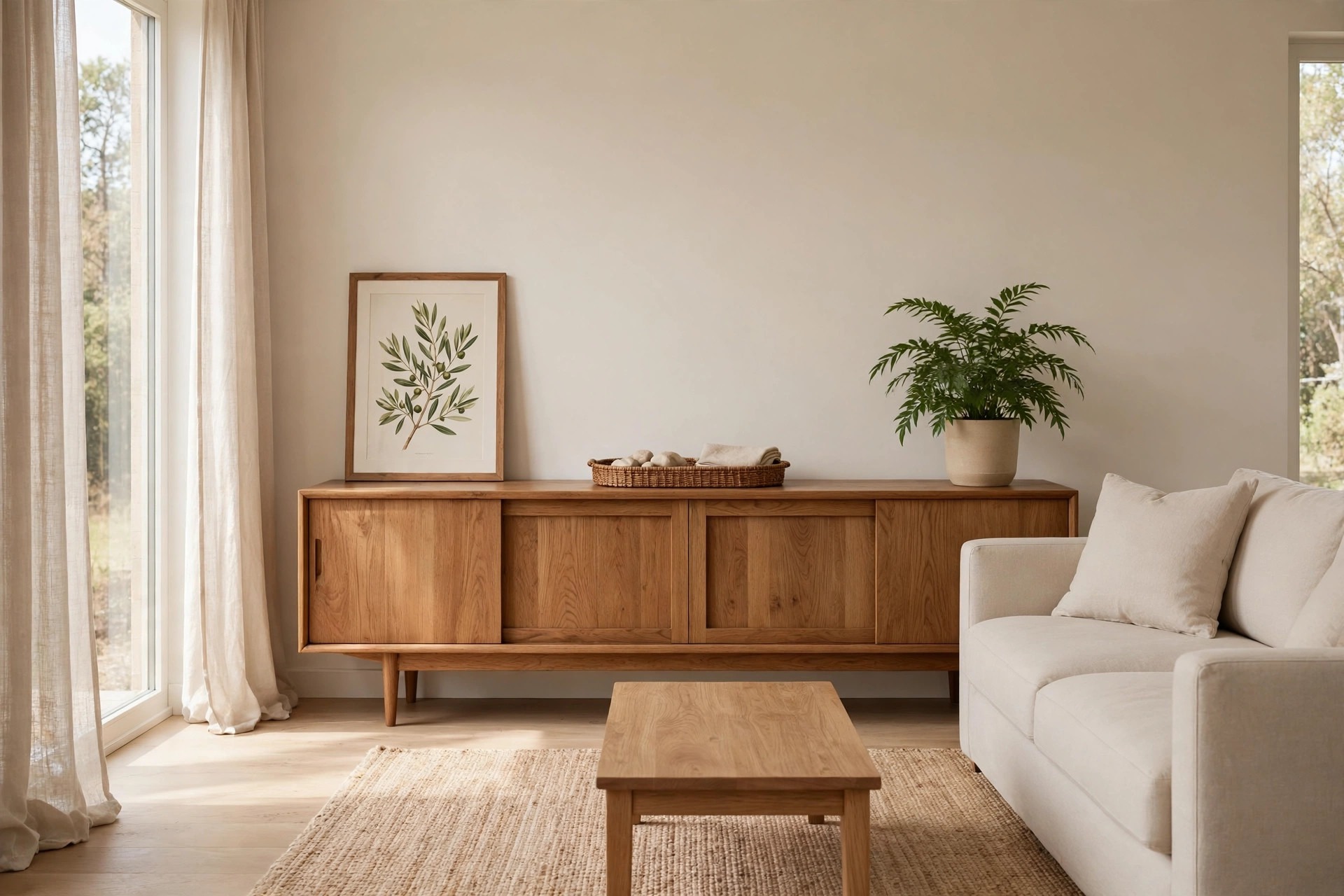 Wooden sideboard with a framed leaf print leaning at one end, a green plant in a beige pot at the other end and a tray in the middle