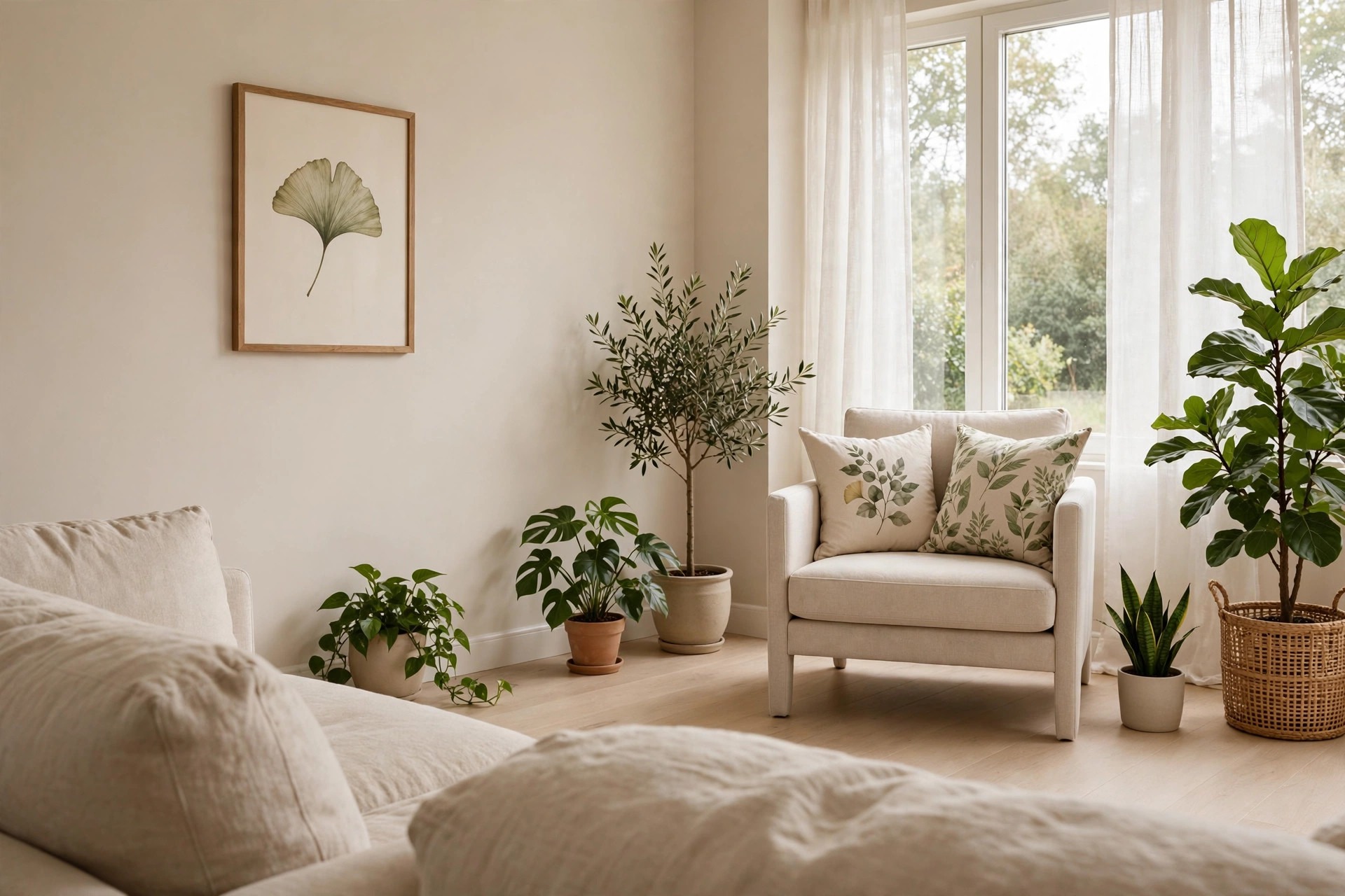 Beige armchair with botanical print cushions under one framed leaf print, surrounded by real green plants by a window