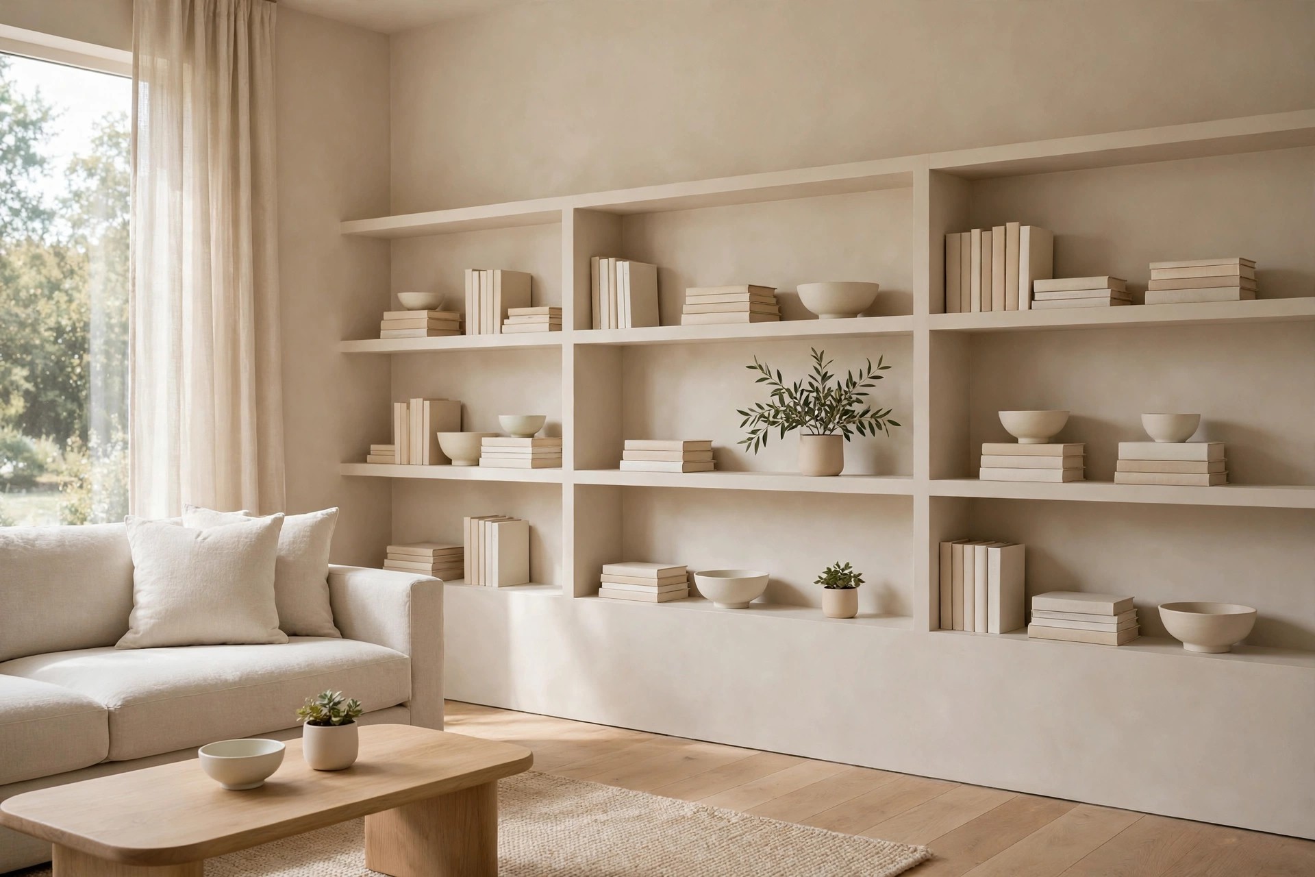 Beige built-in shelves in the same beige as the walls, holding cream books, pale bowls and small potted plants beside a beige sofa