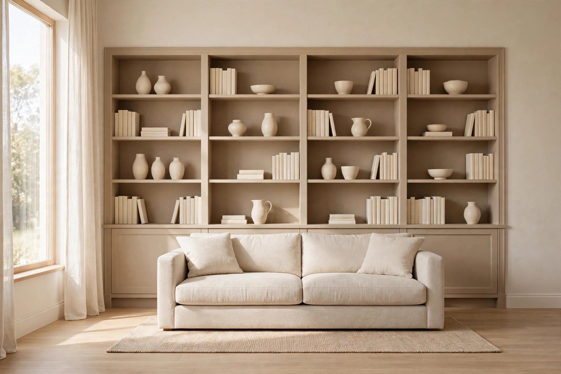 Built-in shelves painted a deeper warm beige than the pale walls, with cream books and pale ceramics in front of a beige sofa