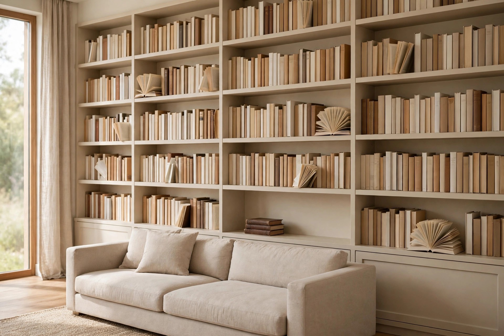 Beige built-in shelves filled with cream, tan and camel toned books, a few open books and a small dark brown stack on a low shelf