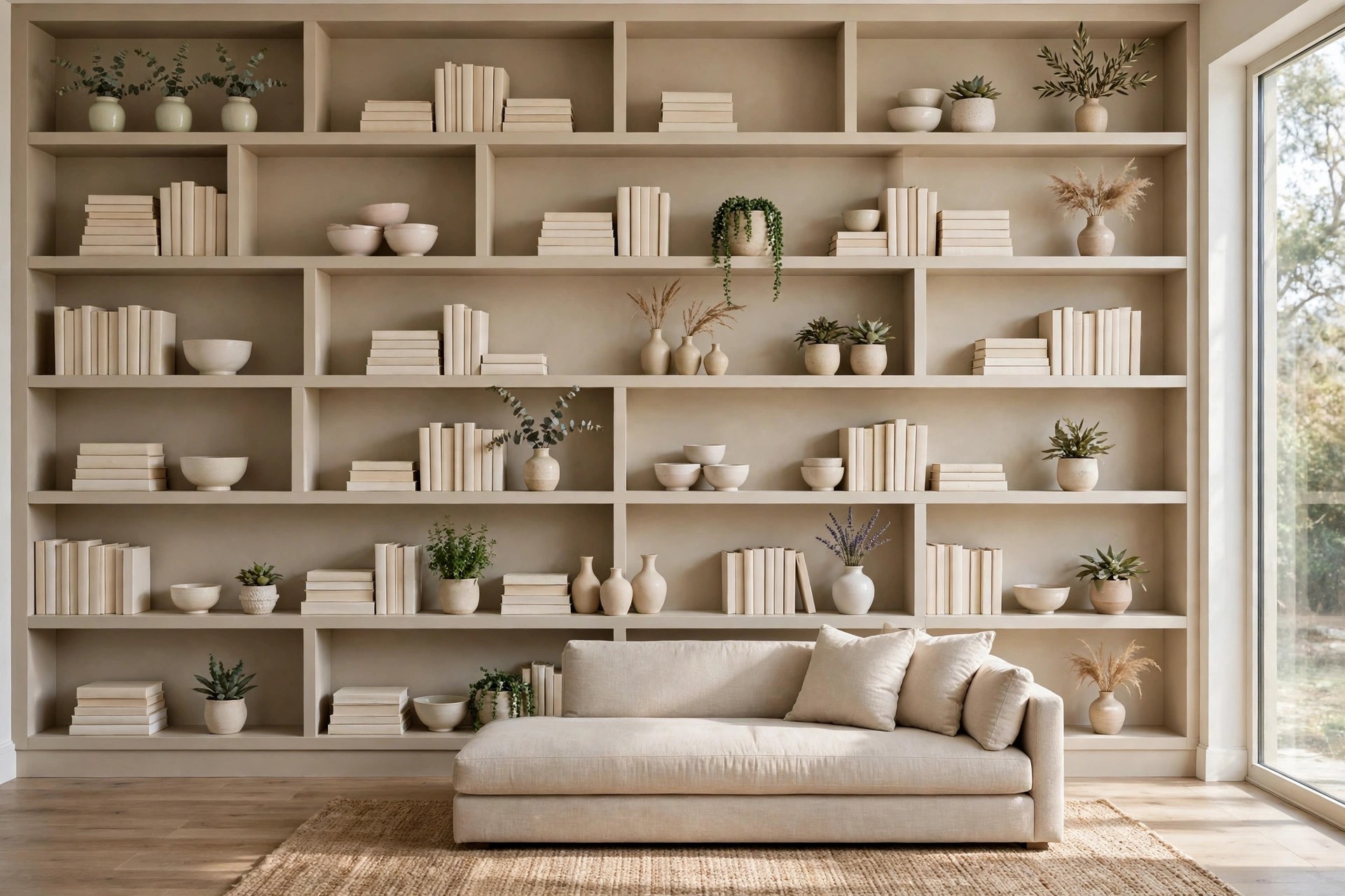 Beige built-in shelves where every shelf holds book, bowl and plant groups with clear open gaps between the groups, above a beige sofa