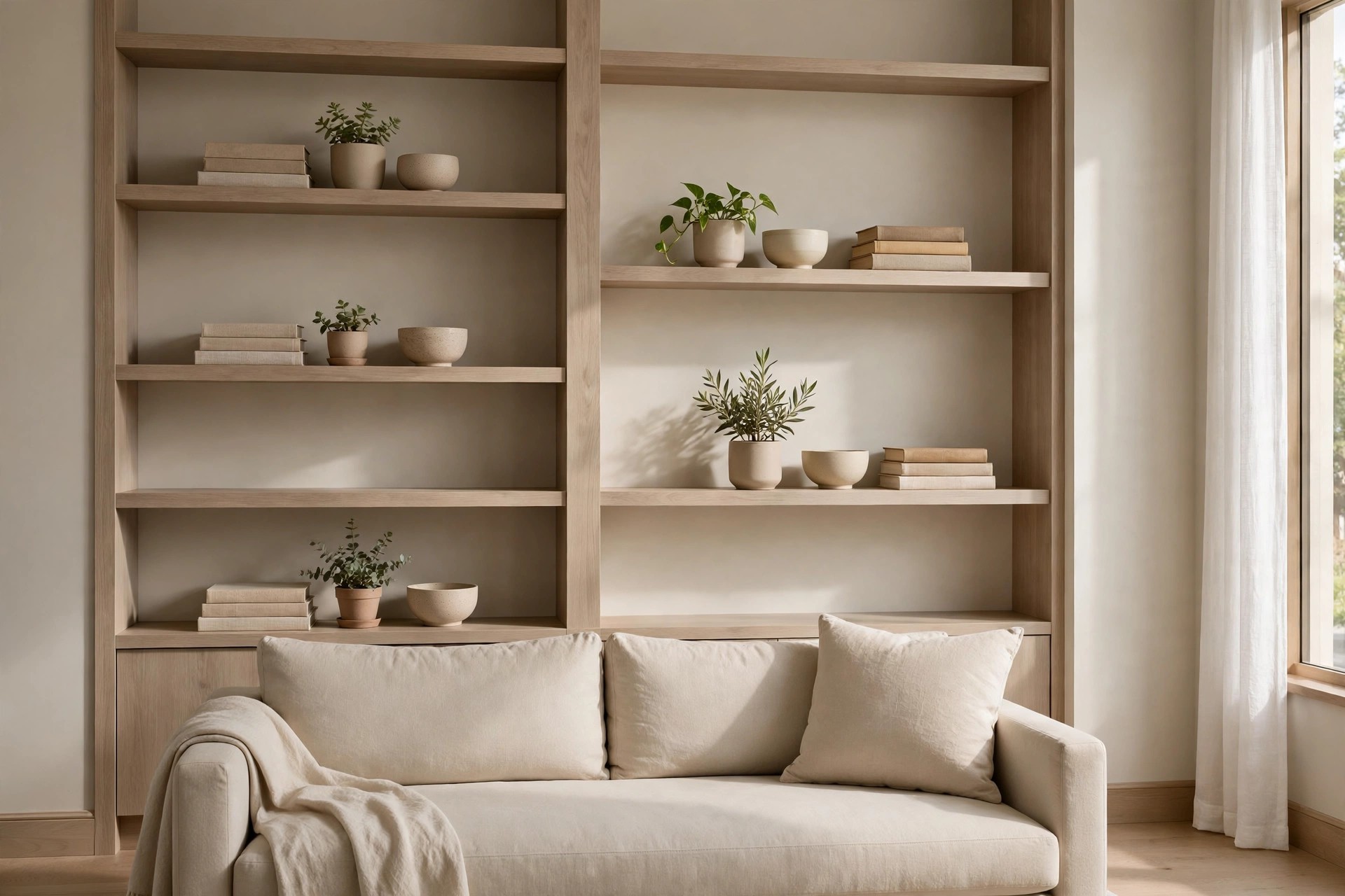 Light wood built-in shelves styled in groups of three with book stacks, small potted plants and round bowls, above a beige sofa