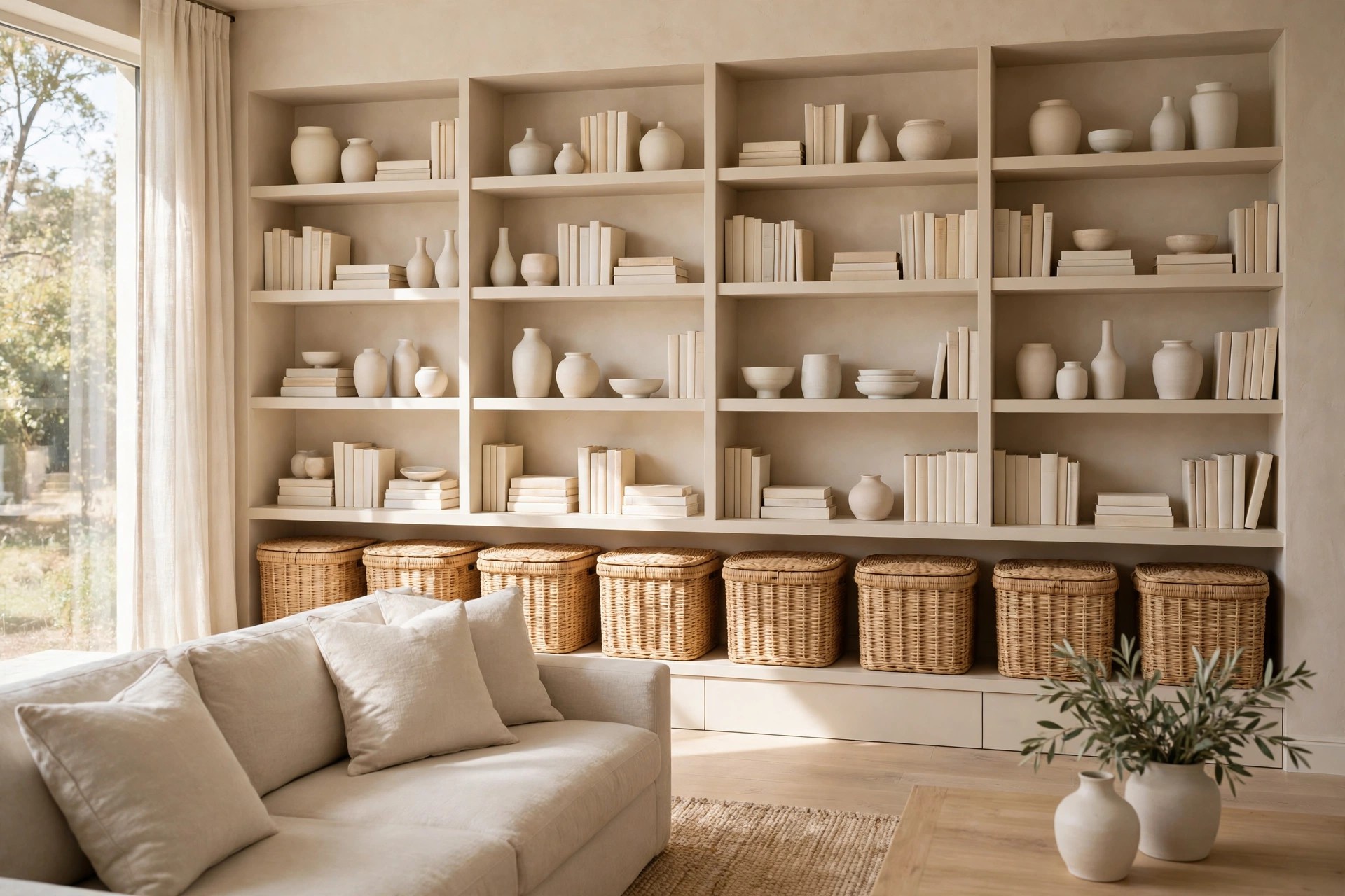 Beige built-in shelves with white ceramics and books above a row of lidded woven baskets along the bottom, beside a beige sofa