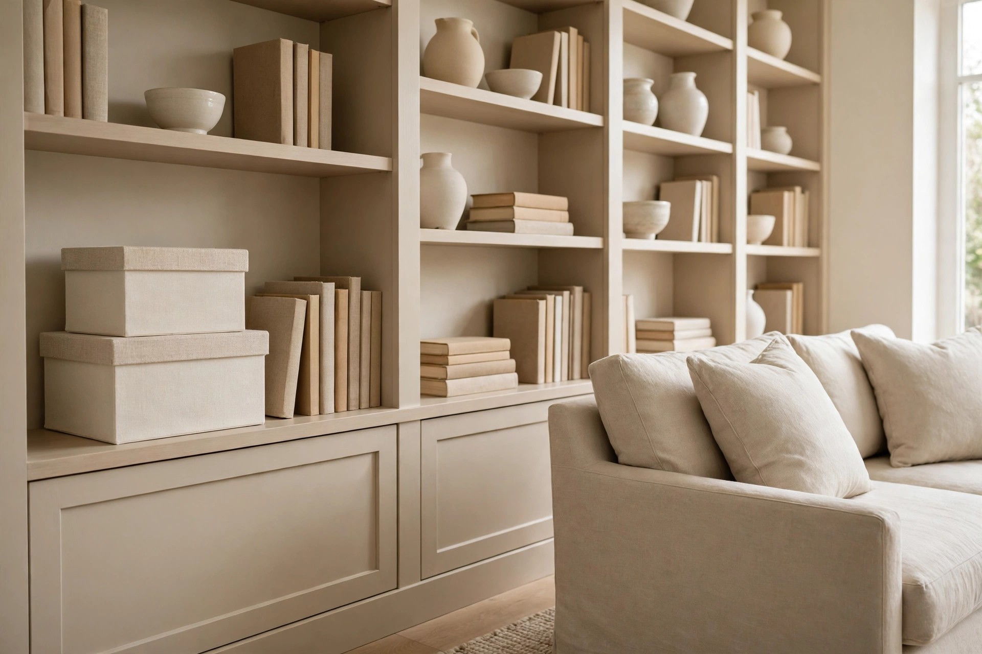 Two stacked cream linen lidded boxes on a beige built-in shelf beside tan books, with ceramics and books on the shelves behind a beige sofa