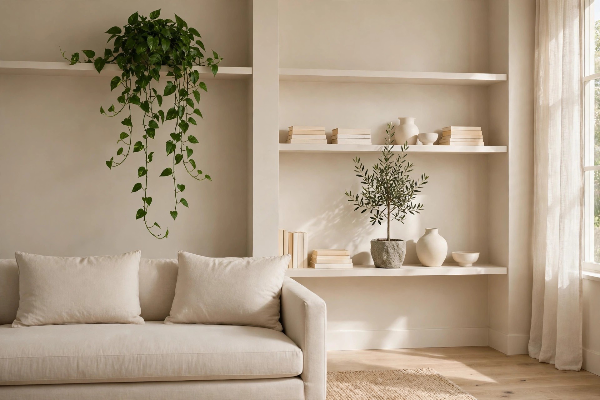 Trailing green plant hanging from a high beige shelf and a small olive tree in a stone pot on a lower shelf, beside a beige sofa