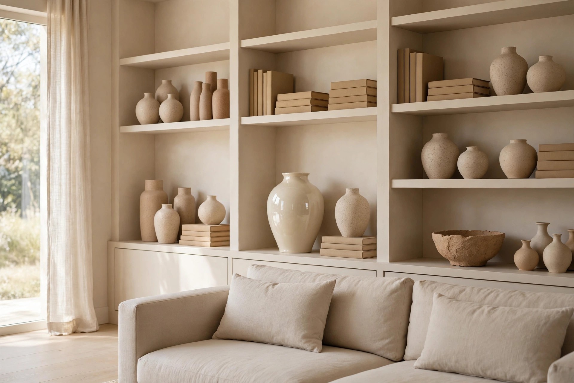 Beige built-in shelves filled with matte and gloss beige ceramic vases, tan books and a rough clay bowl, behind a beige sofa