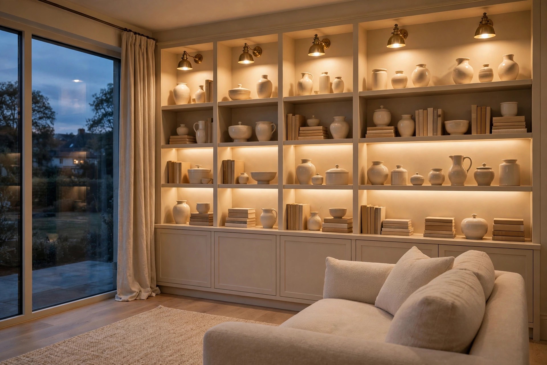 Beige built-in shelves lit by warm brass picture lights at dusk, holding cream ceramics and tan books above closed cabinets