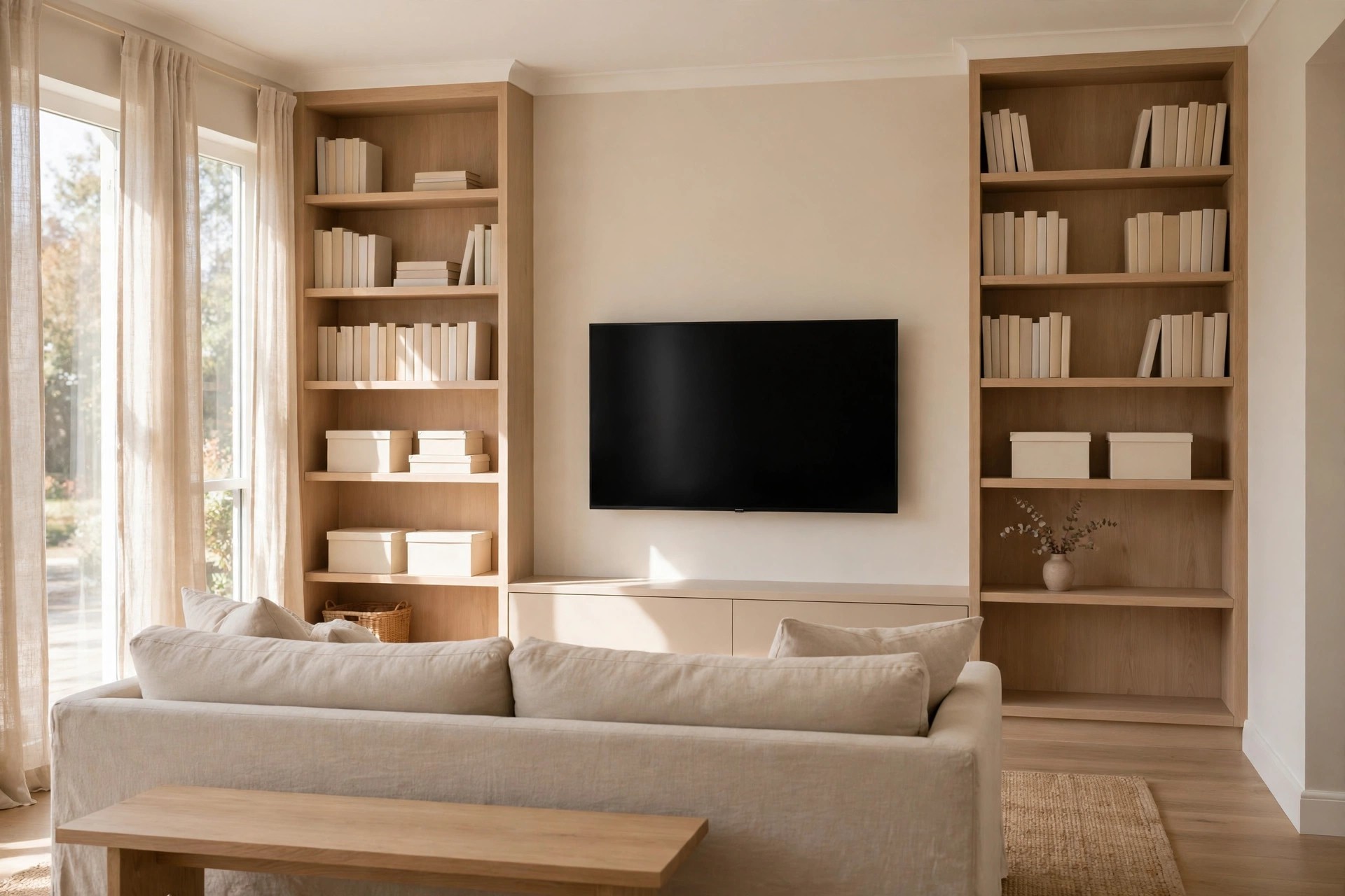 Black TV mounted on a beige wall between two light wood built-in shelves with pale books and cream storage boxes, behind a beige sofa