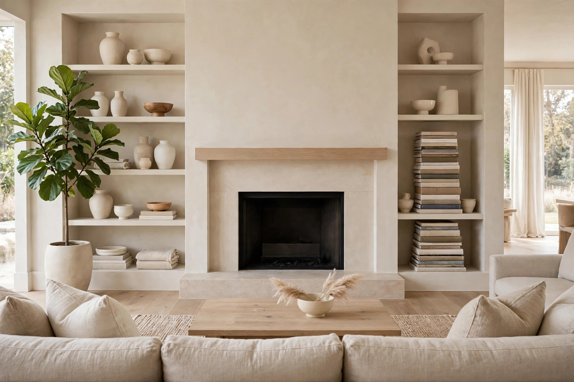 Fireplace with a wood mantel between beige built-in shelves, ceramics on the left shelves and tall stacks of art books on the right