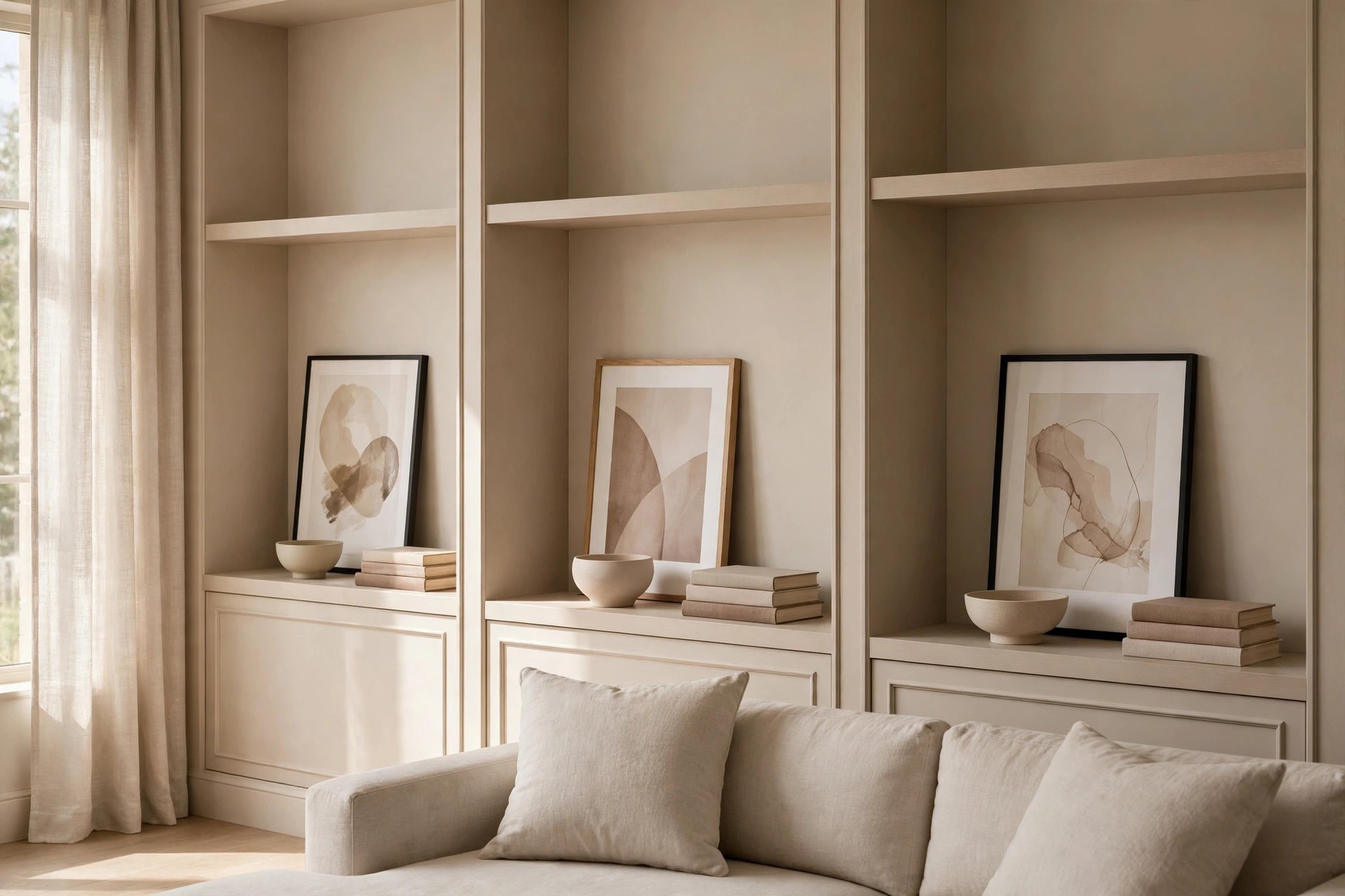 Three framed beige abstract prints leaning against the back of deep beige shelves, each with a pale bowl and a short book stack in front