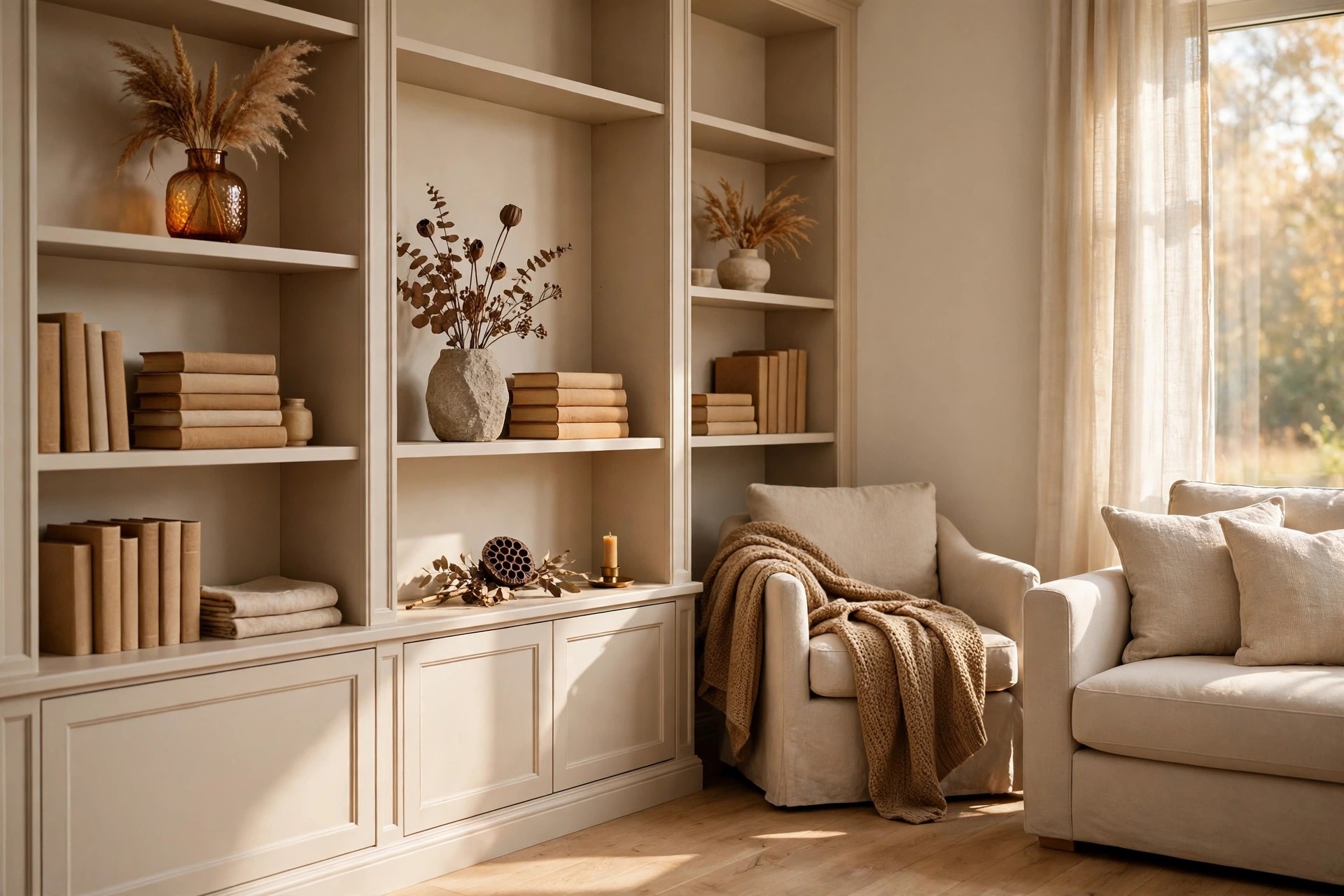 Beige built-in shelves with autumn styling, an amber glass vase with dried stems, a stone vase and tan books, beside an armchair with a camel throw