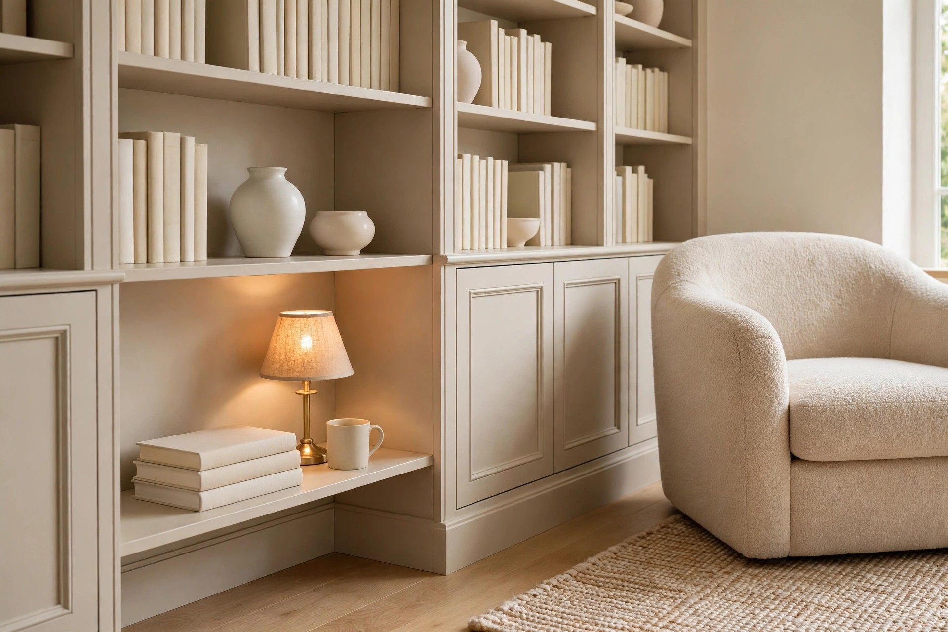 Low beige shelf beside a cream boucle reading chair, holding a stack of three books, a lit small lamp and a white mug on a woven rug