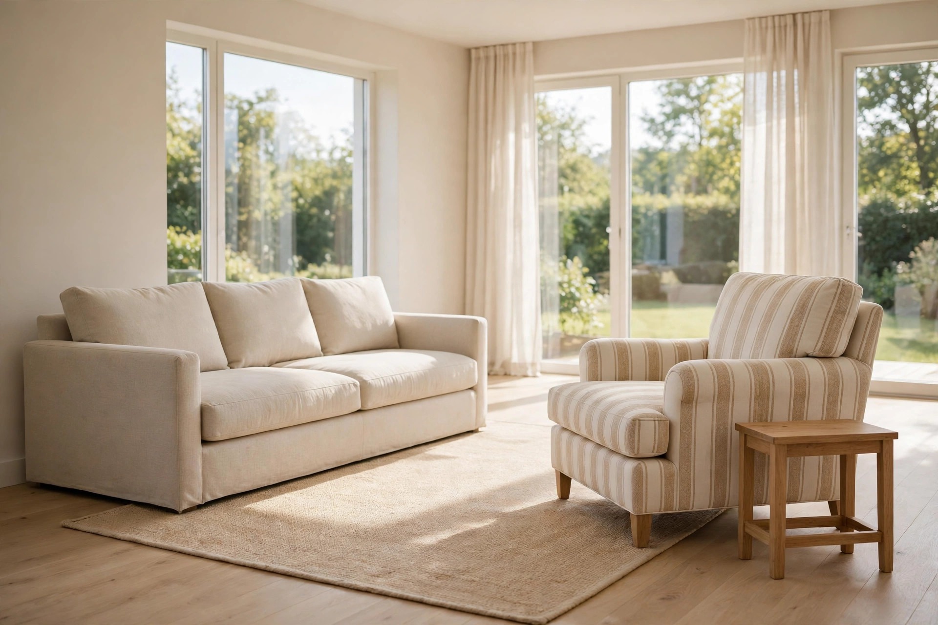 Beige living room with a plain beige sofa on a plain rug and a cream and sand striped armchair angled toward it with a small wood side table