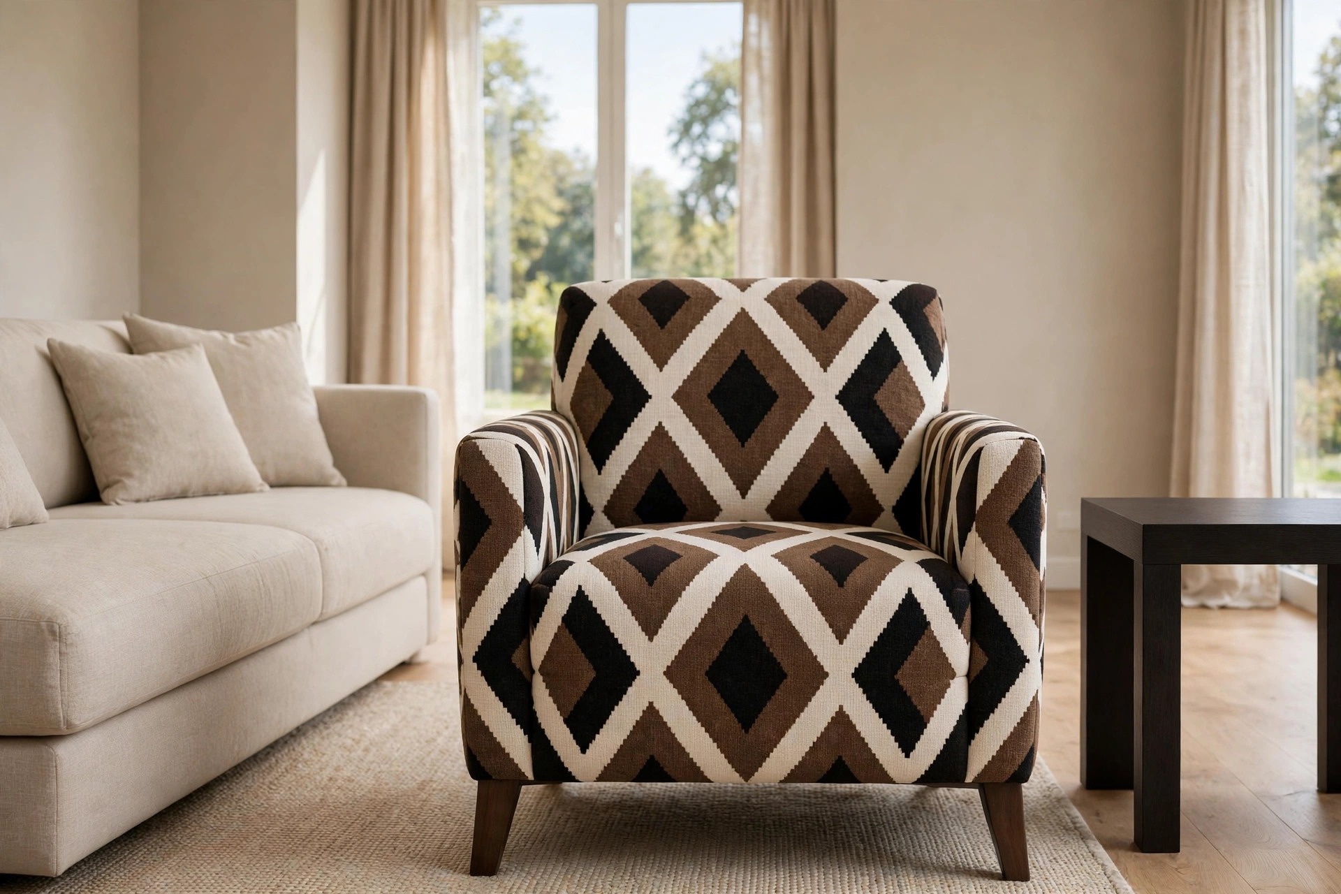 Armchair in a bold brown, black and cream diamond geometric pattern facing forward beside a plain beige sofa and a dark side table