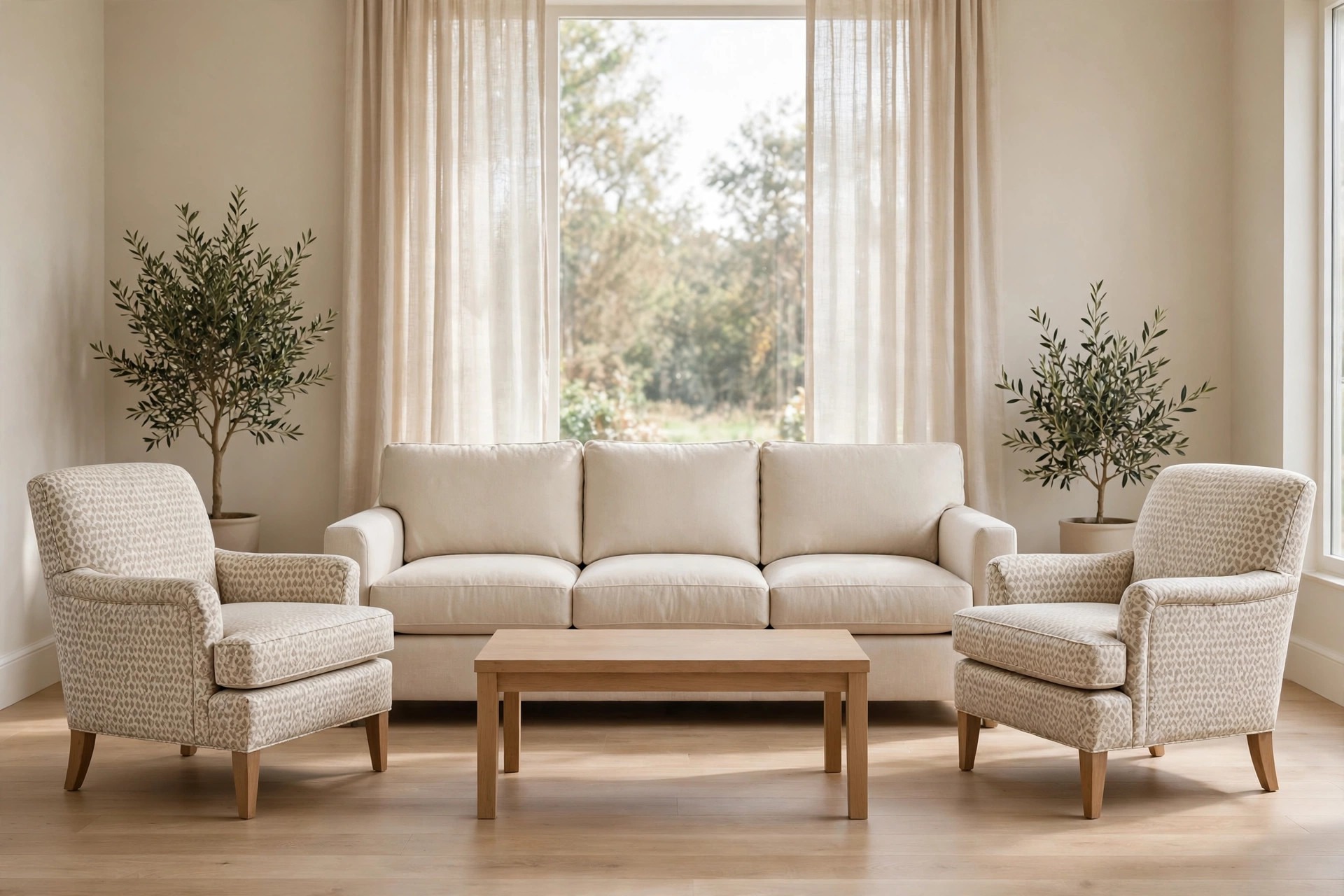 Two matching armchairs in a small cream and taupe pattern framing a plain beige sofa, with a light wood coffee table and potted olive trees