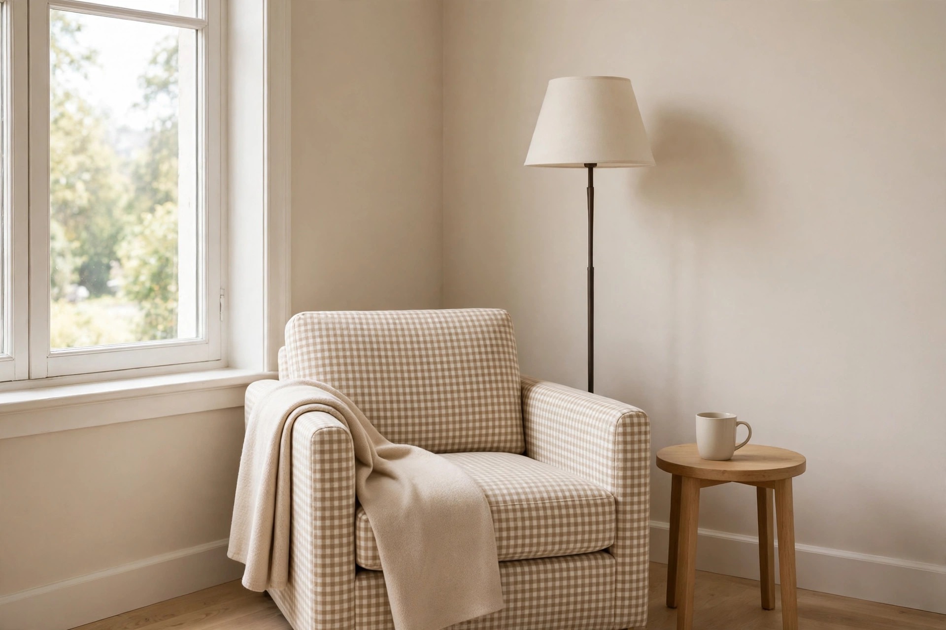 Cream and tan small check armchair in a corner by a window with a solid beige throw, a floor lamp and a round wood side table with a mug
