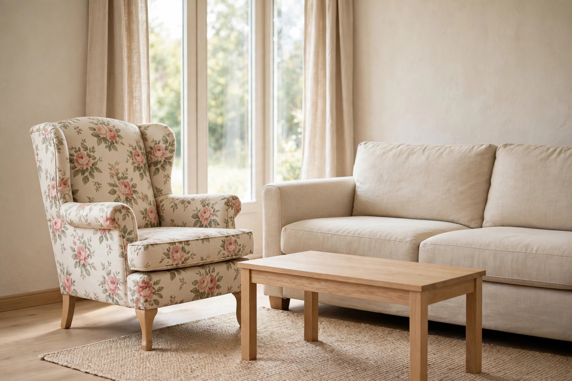 Beige living room with a plain beige sofa and a floral patterned armchair with soft roses and green leaves on a cream ground