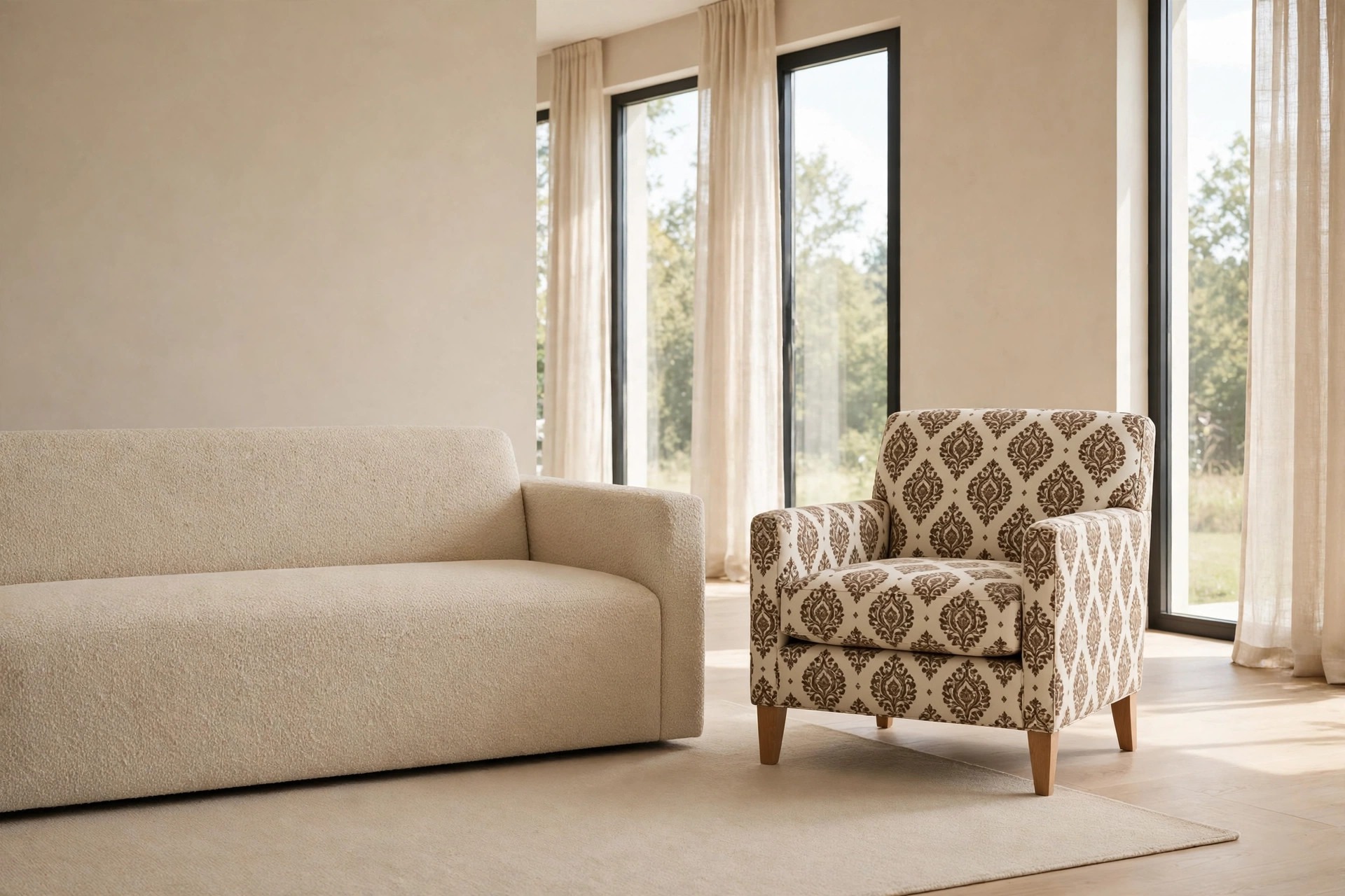 Completely plain textured beige sofa beside an armchair in a brown and cream damask pattern, with tall windows and sheer curtains behind
