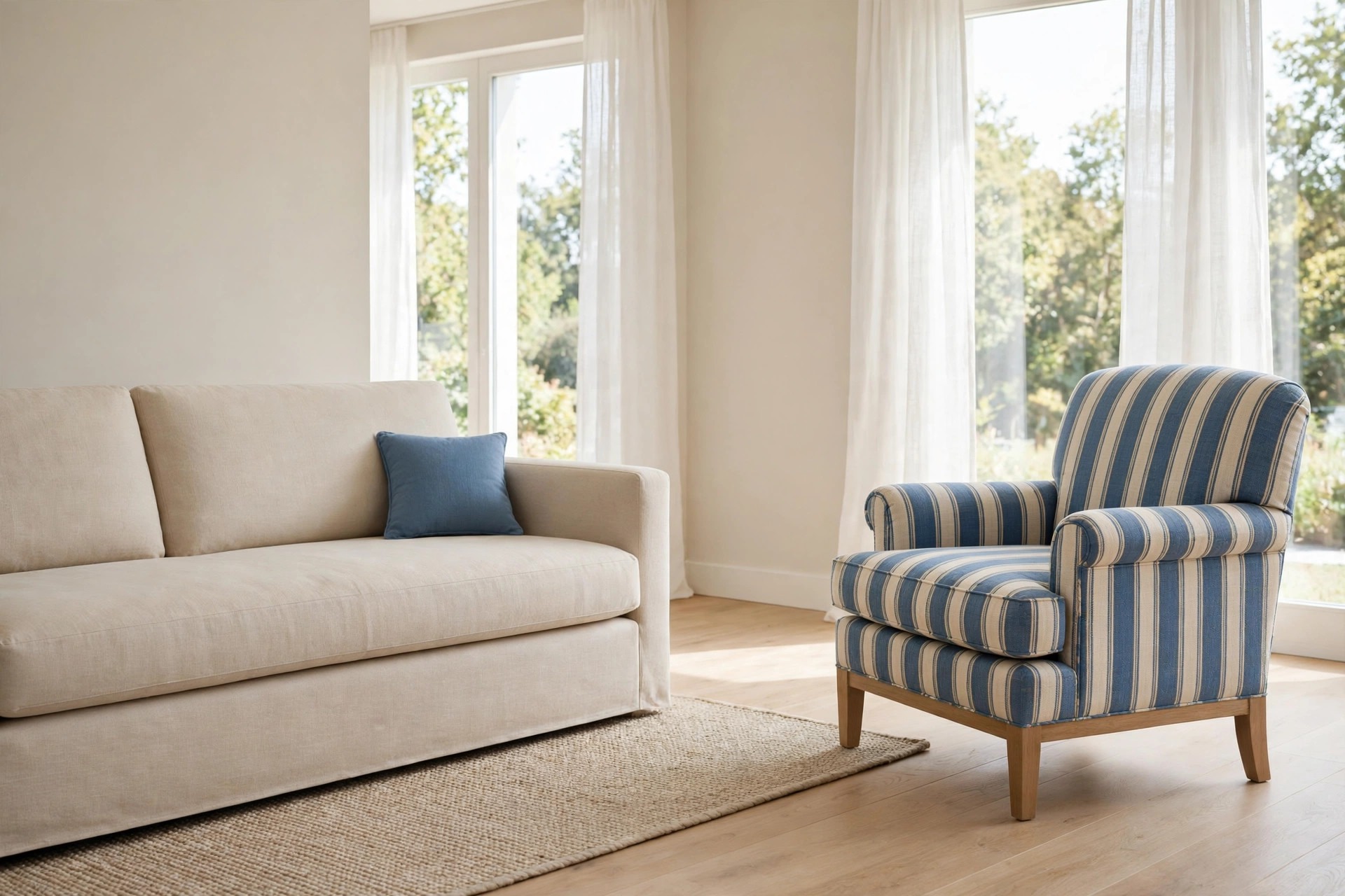 Beige living room with a blue and cream striped armchair and a plain beige sofa holding one single solid blue cushion in the same blue