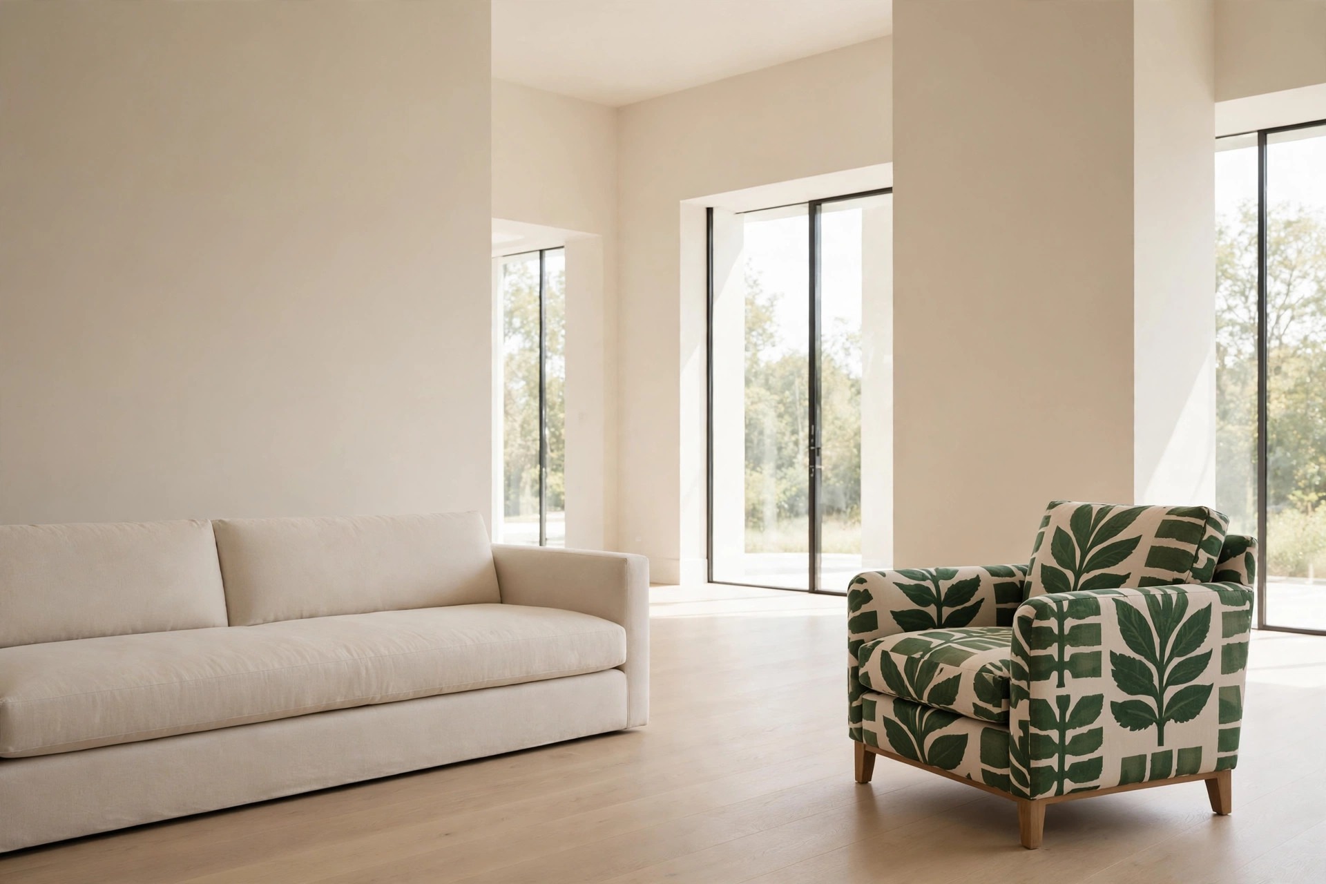 Spacious beige living room with a long plain sofa and one armchair in a large scale green leaf print with clear floor space around it