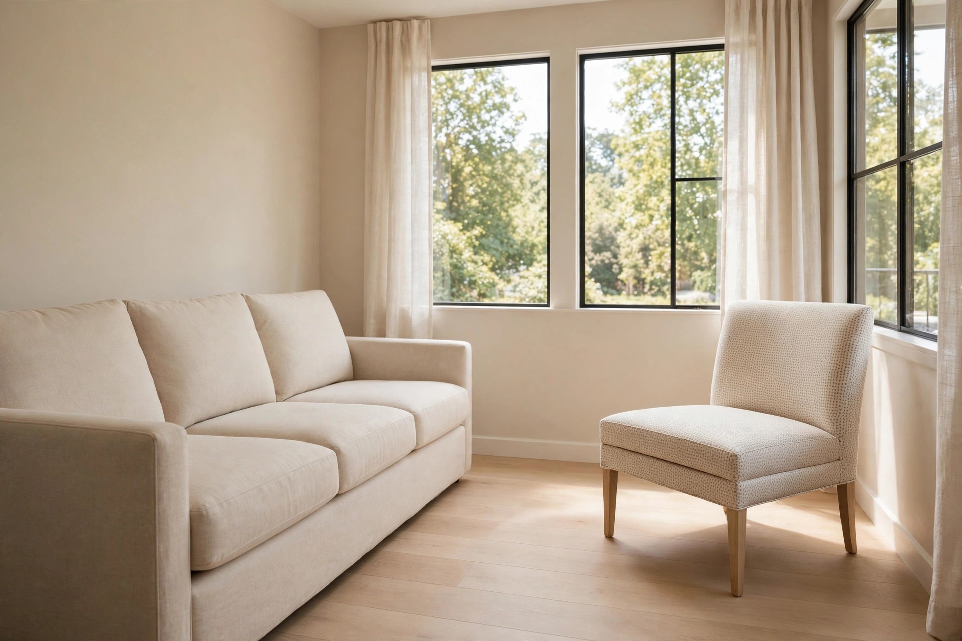Small beige living room with a plain beige sofa and a slim armless chair in a tiny cream and taupe dot print with visible wooden legs
