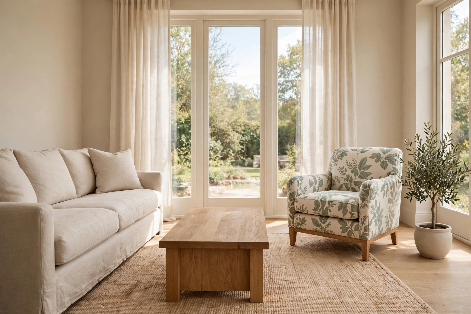 Beige living room with a plain linen sofa, a wood coffee table, a potted olive tree and an armchair in a sage green botanical leaf print on cream