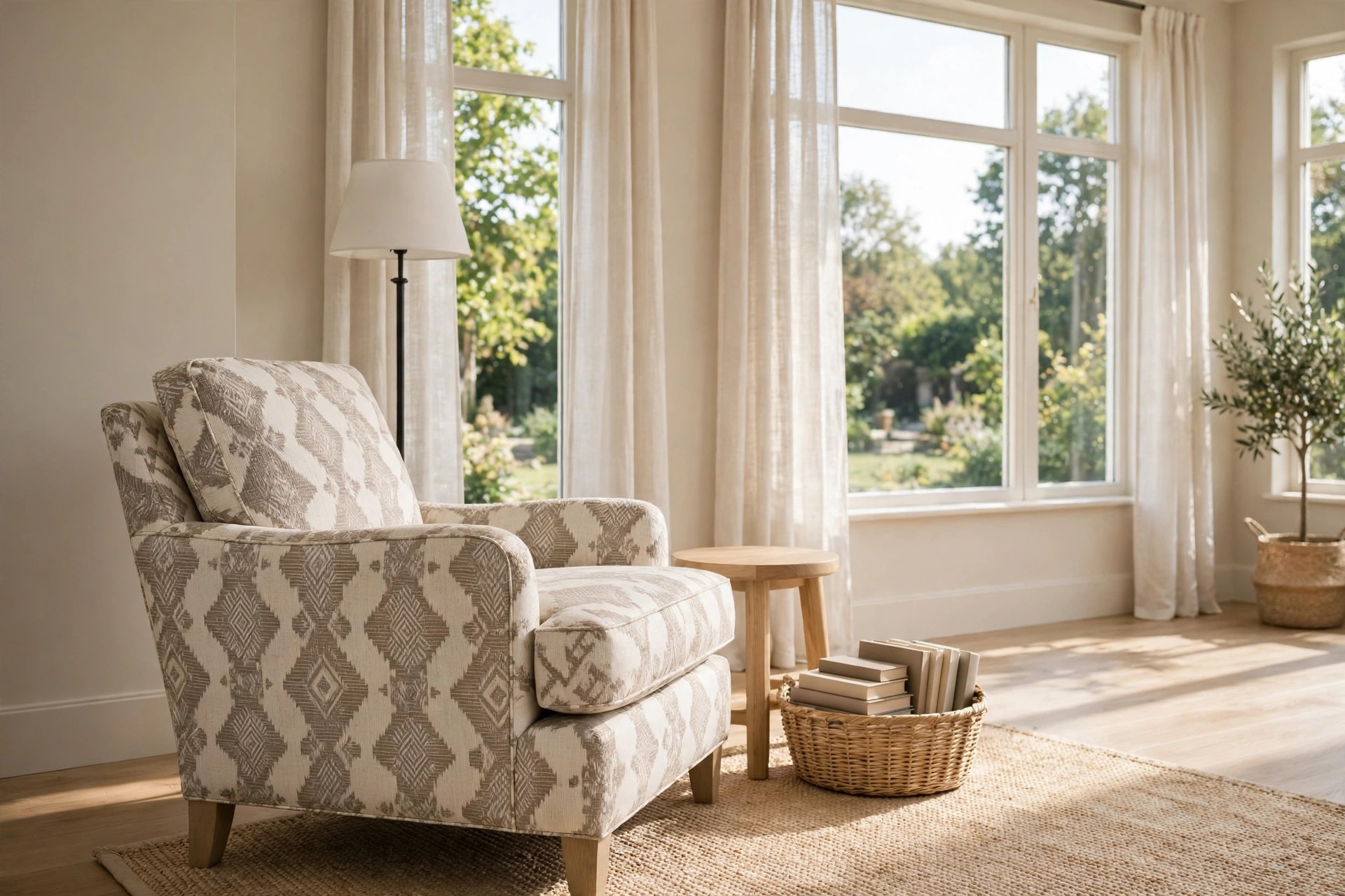 Patterned armchair in a cream and taupe diamond print angled in a reading corner by large windows, with a floor lamp, a small wood table and a basket of books