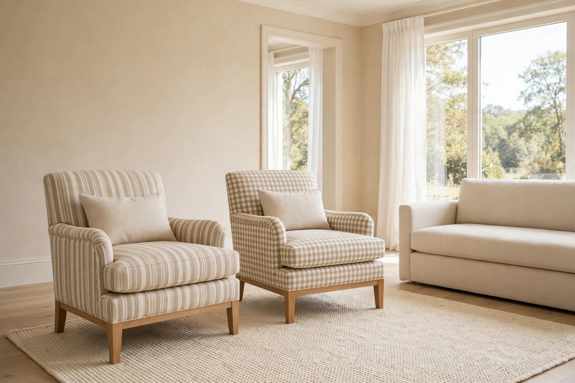 Two different patterned armchairs, one in cream and beige stripes and one in a cream and tan check, each with the same plain beige cushion, beside a plain sofa