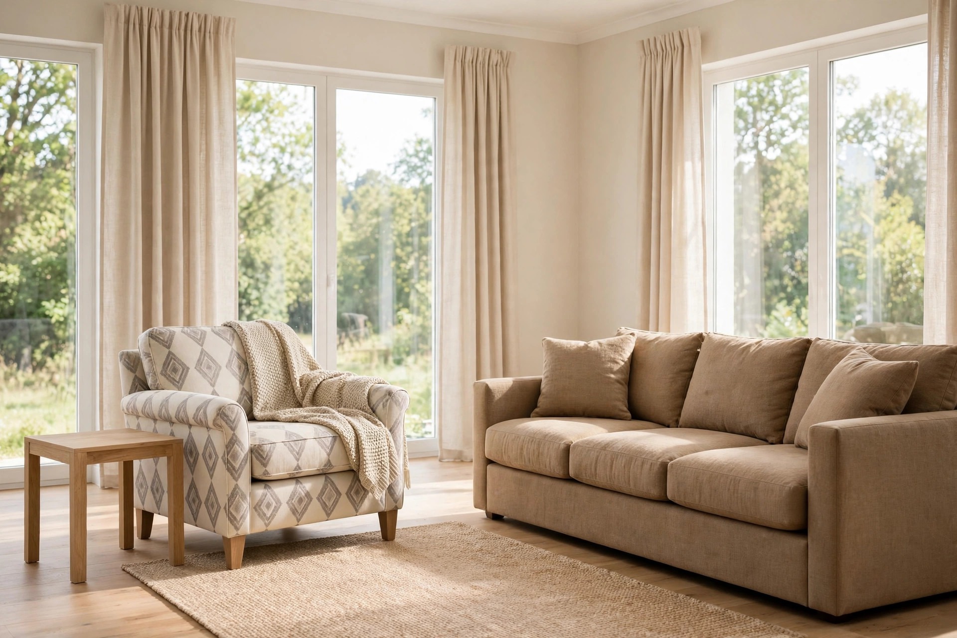 Bright beige living room with a deeper beige sofa, plain curtains and an armchair in a pale cream fabric with a soft grey diamond pattern and a knit throw