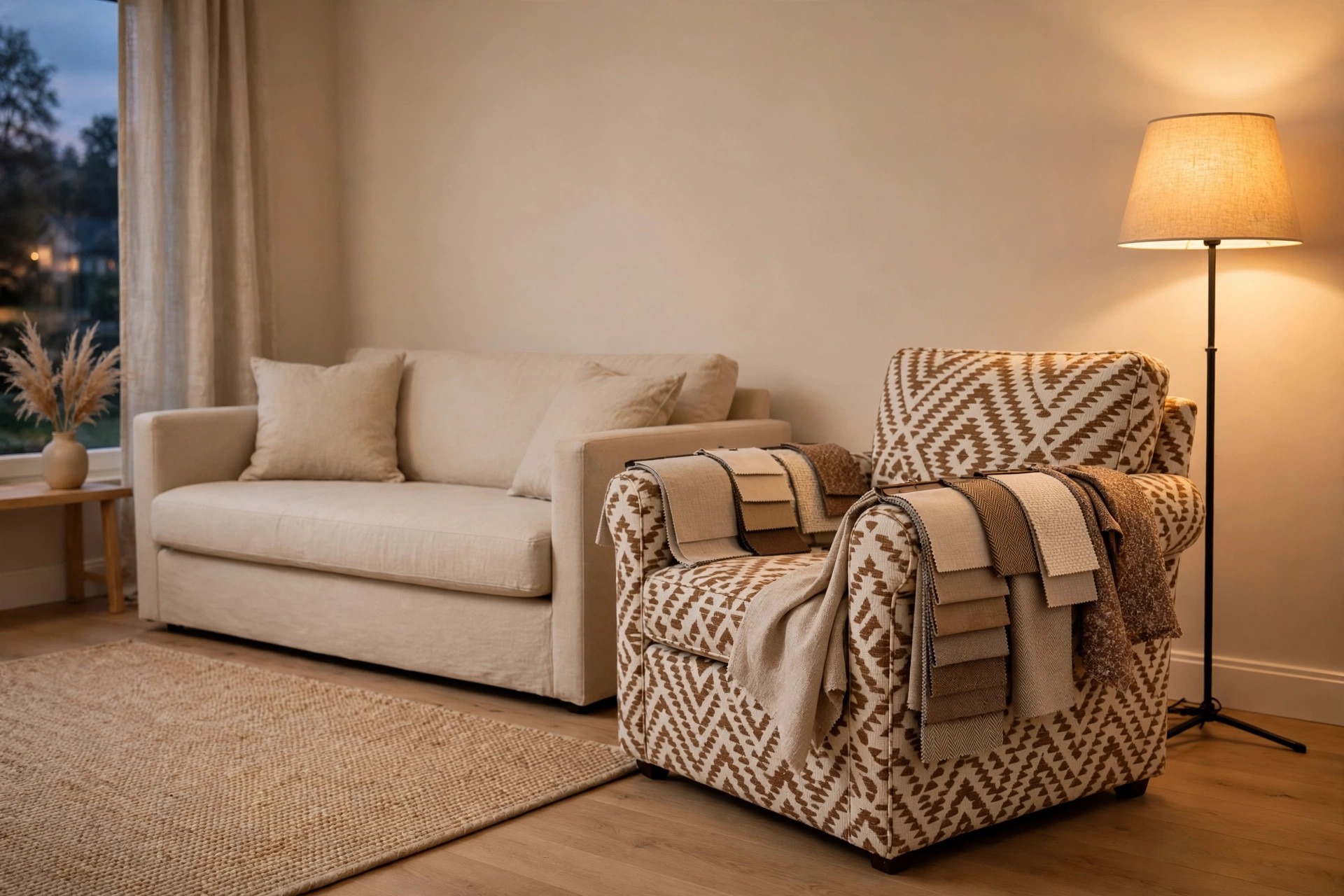 Beige living room in warm evening lamp light with a plain beige sofa and a brown and cream geometric patterned armchair with fabric swatches draped over its arms