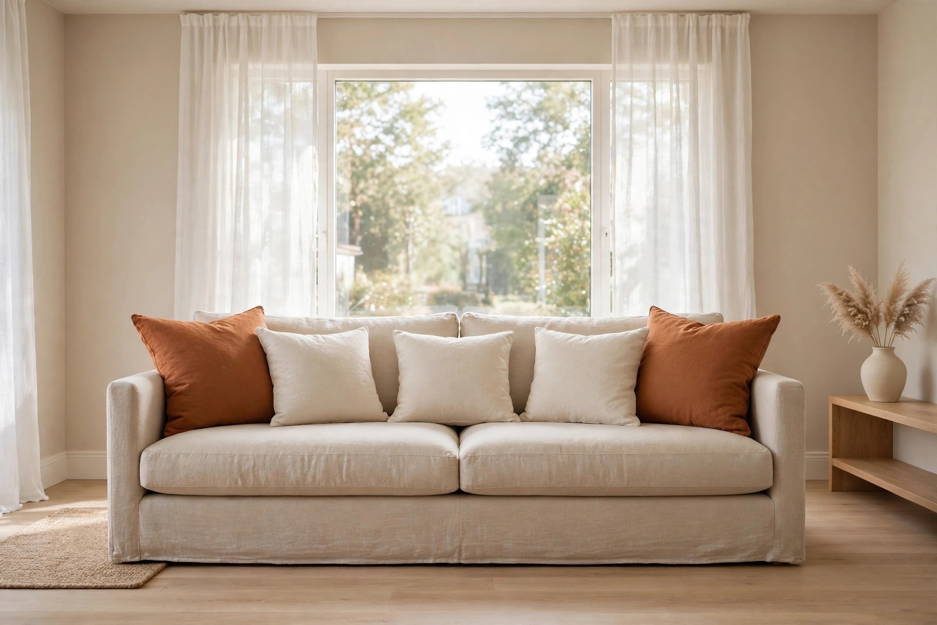 Beige sofa with two large rust cushions at the ends and cream cushions in the middle in front of a bright window