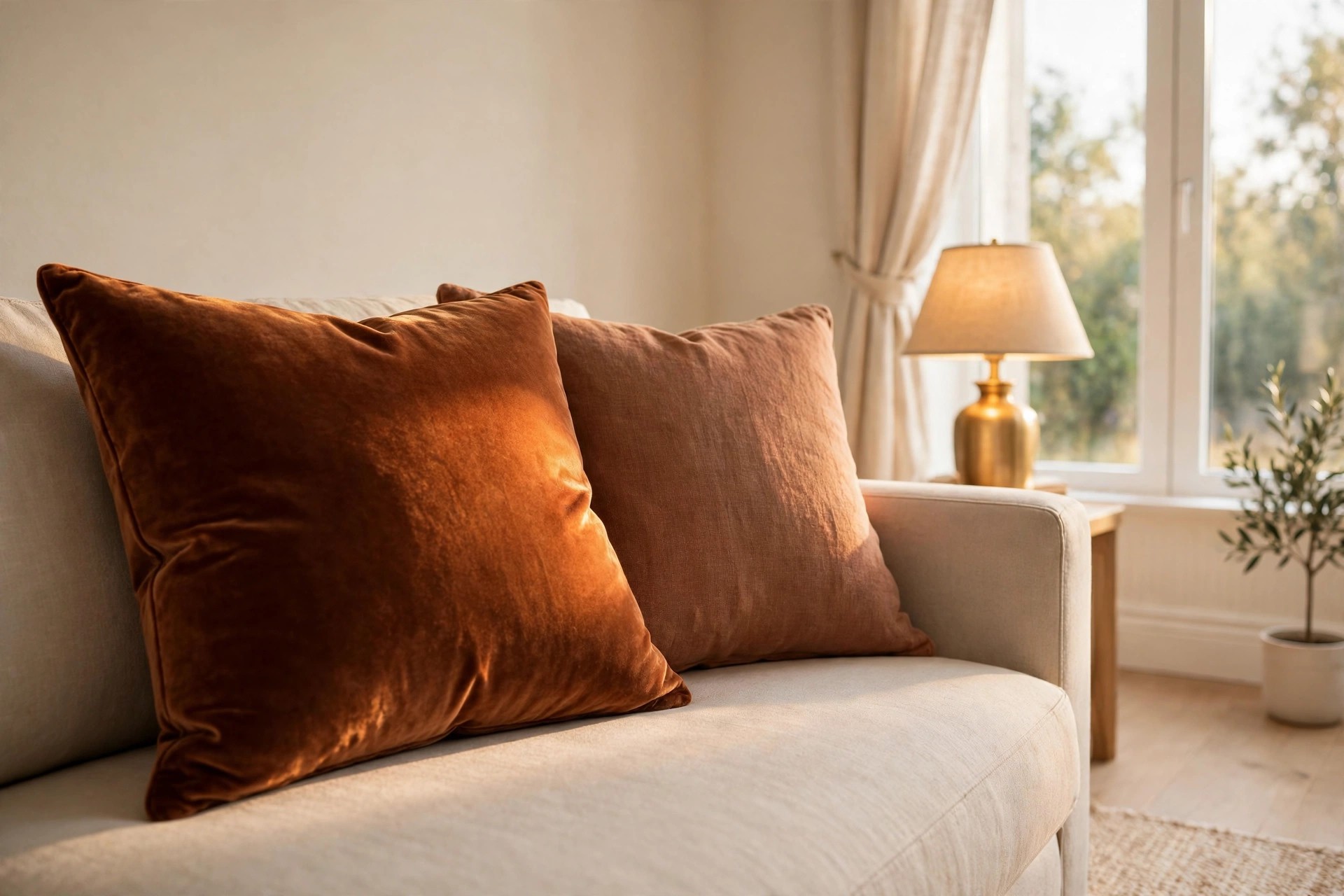 Close view of a deep rust velvet cushion beside a paler rust linen cushion on a beige sofa near a lit lamp