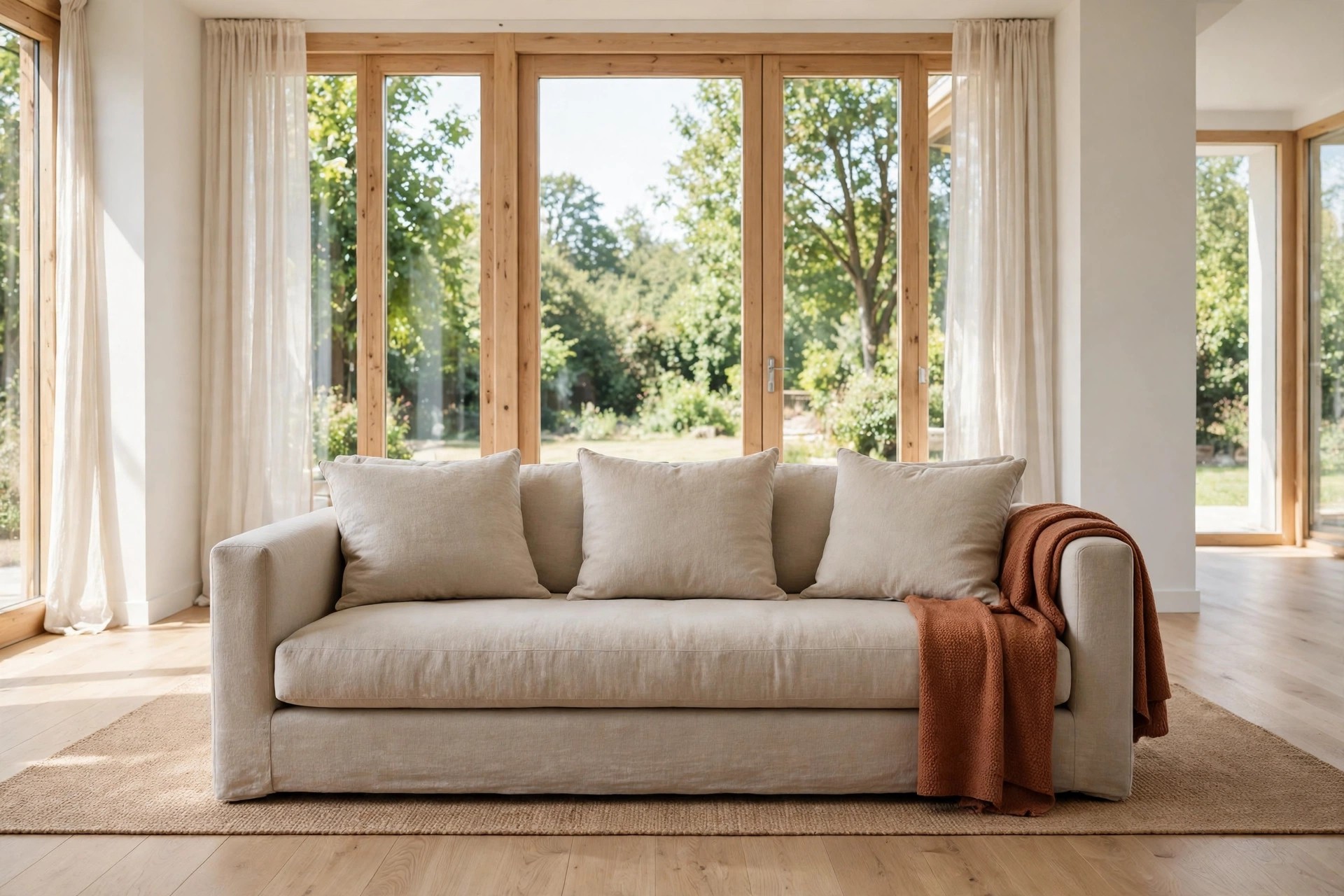 Beige sofa with beige cushions and one rust throw draped over the right arm in front of tall wood framed windows