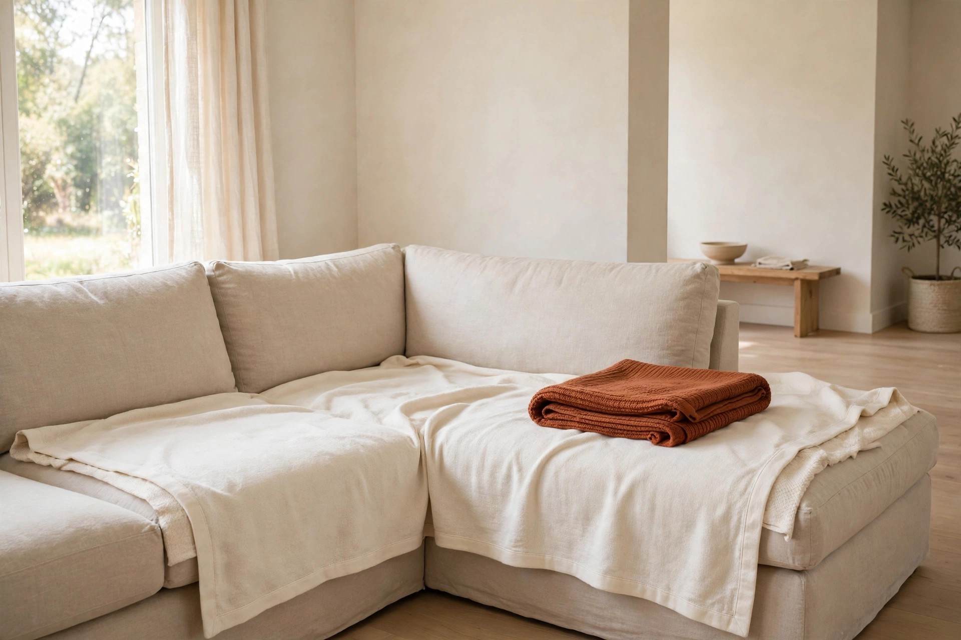 Beige sectional sofa with a wide cream throw spread over the seat and a folded rust throw on top of it