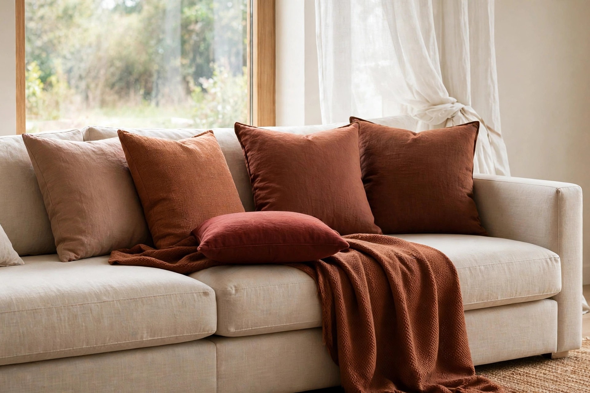 Beige sofa with cushions in pale clay, mid rust and deep brick tones and a rust throw across the seat