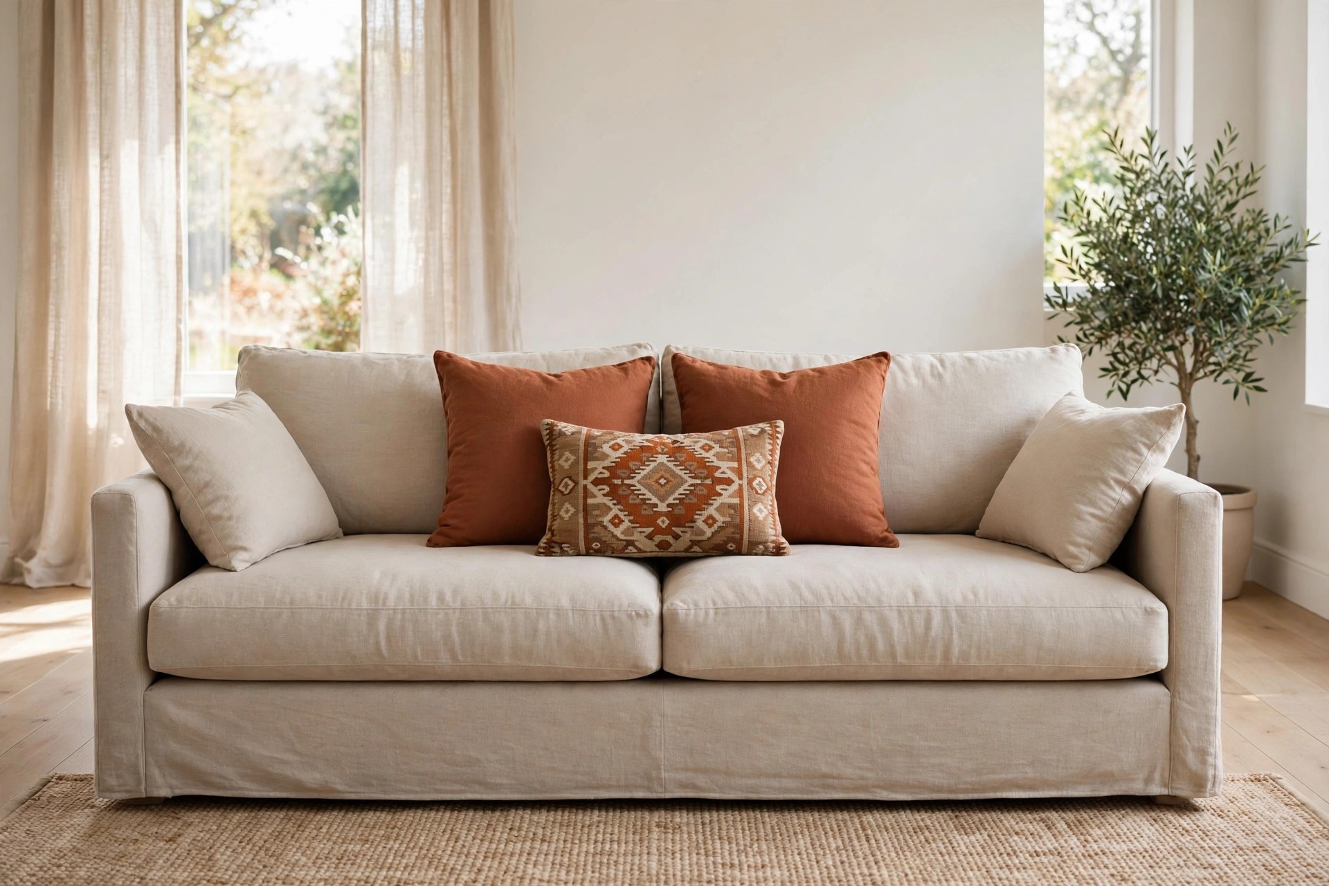 Beige sofa with plain rust cushions behind one patterned kilim style cushion in rust, beige and cream at the center