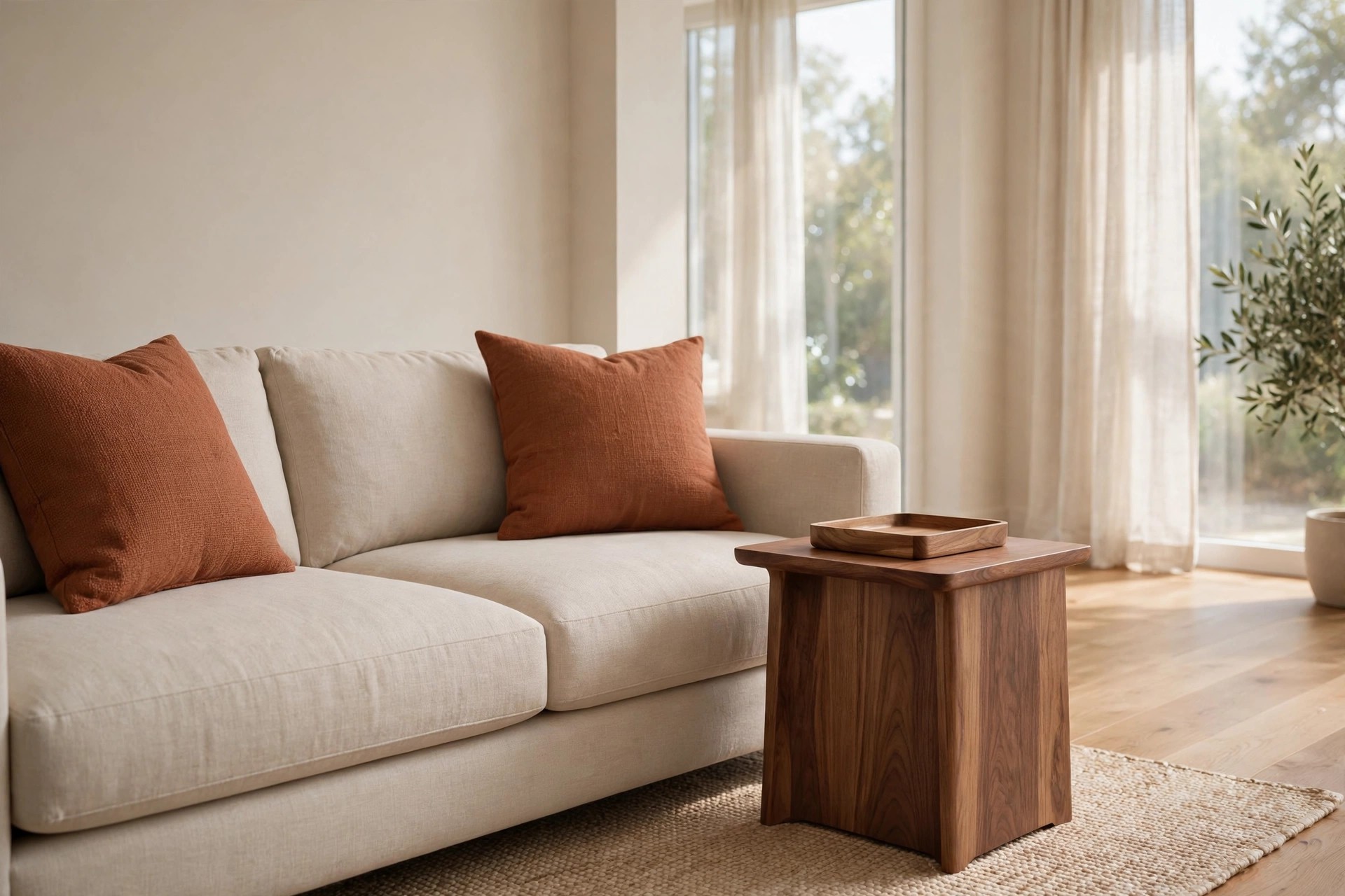 Beige sofa with rust cushions beside a walnut side table holding a small wood tray