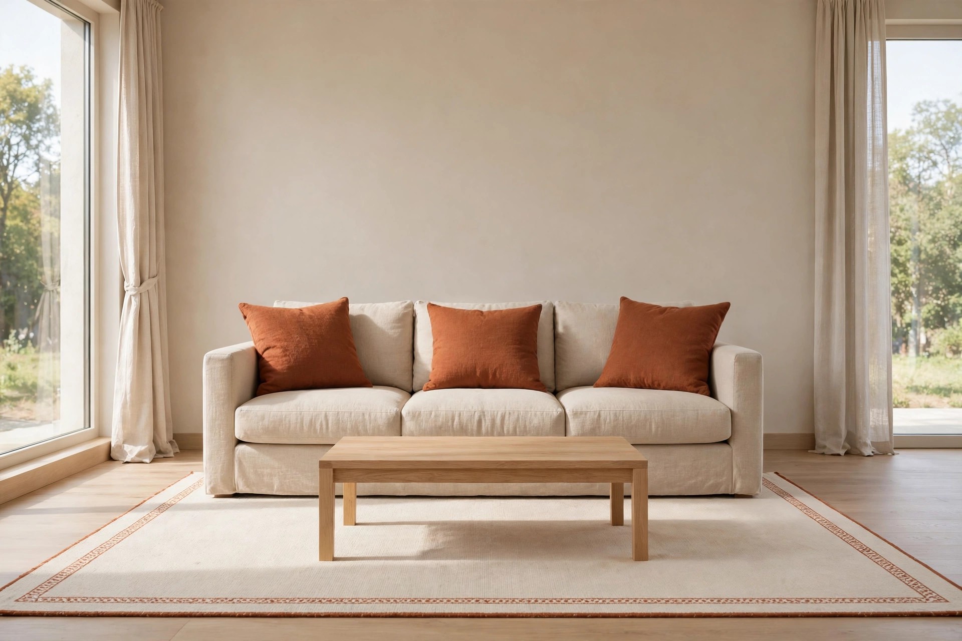 Beige sofa with three rust cushions behind a wood coffee table on a cream rug with a thin rust border